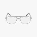 The Precision 110 is a pair of silver metal aviator eyeglasses featuring a polished frame, clear lenses, and dark temple tips, shown on a white background.
