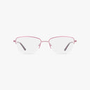 Front view of Precision 501 eyeglasses with a durable, thin metallic pink rectangular frame, clear lenses, pink-accented temples, and black tips, displayed on a plain white background.