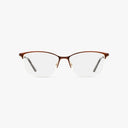 The Precision 504 eyeglasses feature a semi-rimless brown frame with clear lenses and dark temple tips for comfort. Sleek lines give these glasses a timeless look, all showcased against a white background.