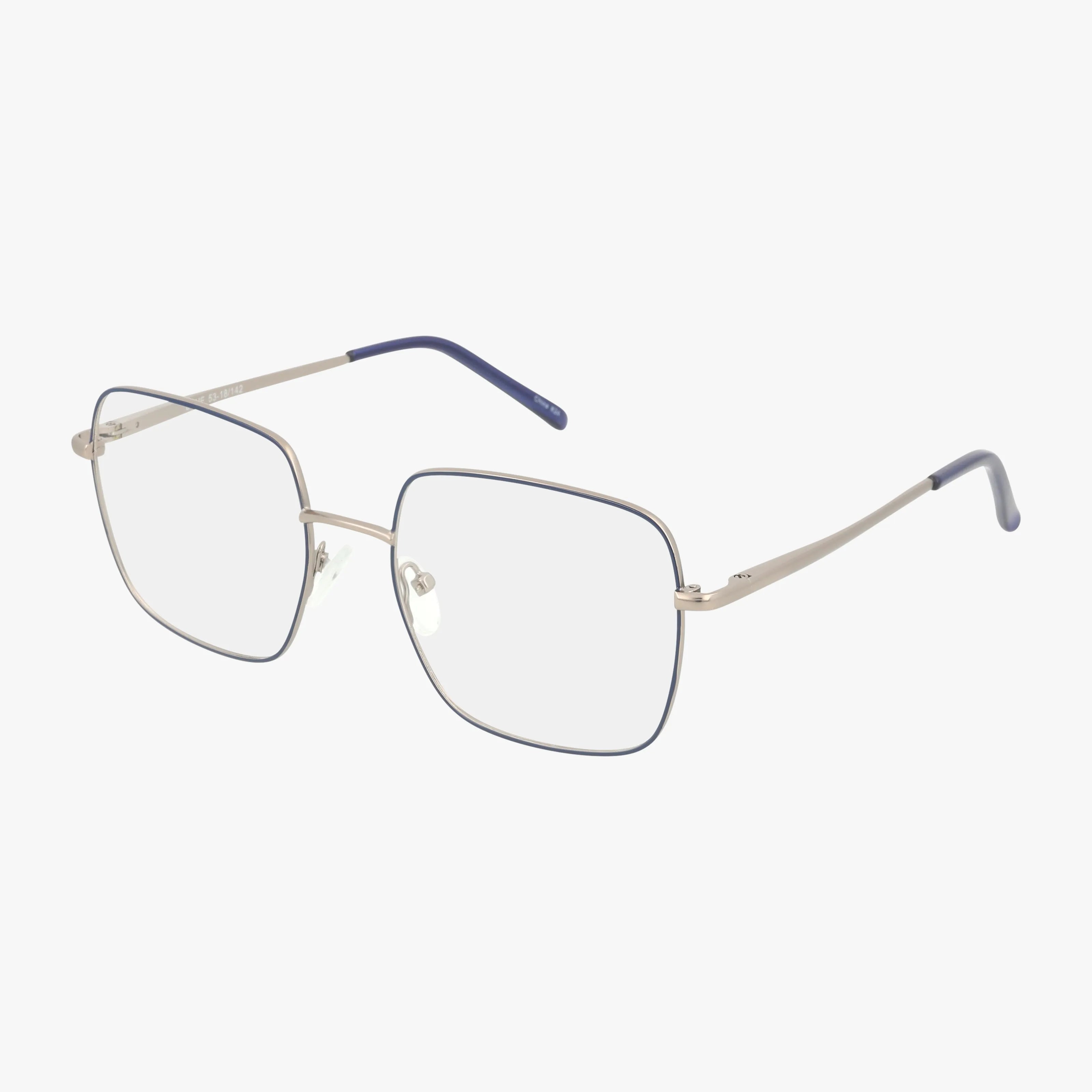 Exclusive 264 eyeglasses feature a large geometric square frame crafted from thin silver metal, with blue tips on the arms—delivering a refined look set against a white background.
