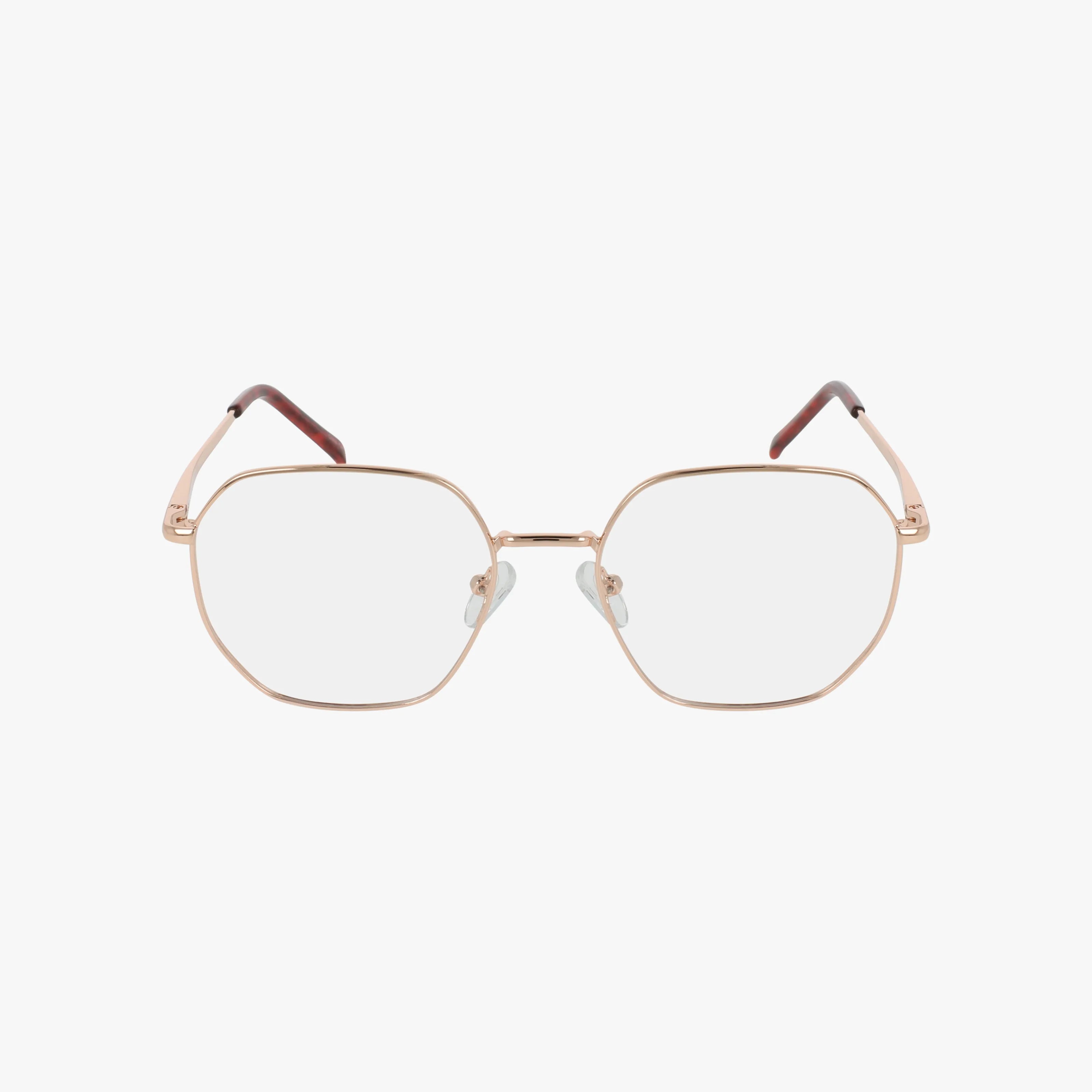 Exclusive 265 geometric eyeglasses with thin gold metal frames, clear prescription lenses, and dark brown temple tips—a bold statement accessory displayed on a plain white background.