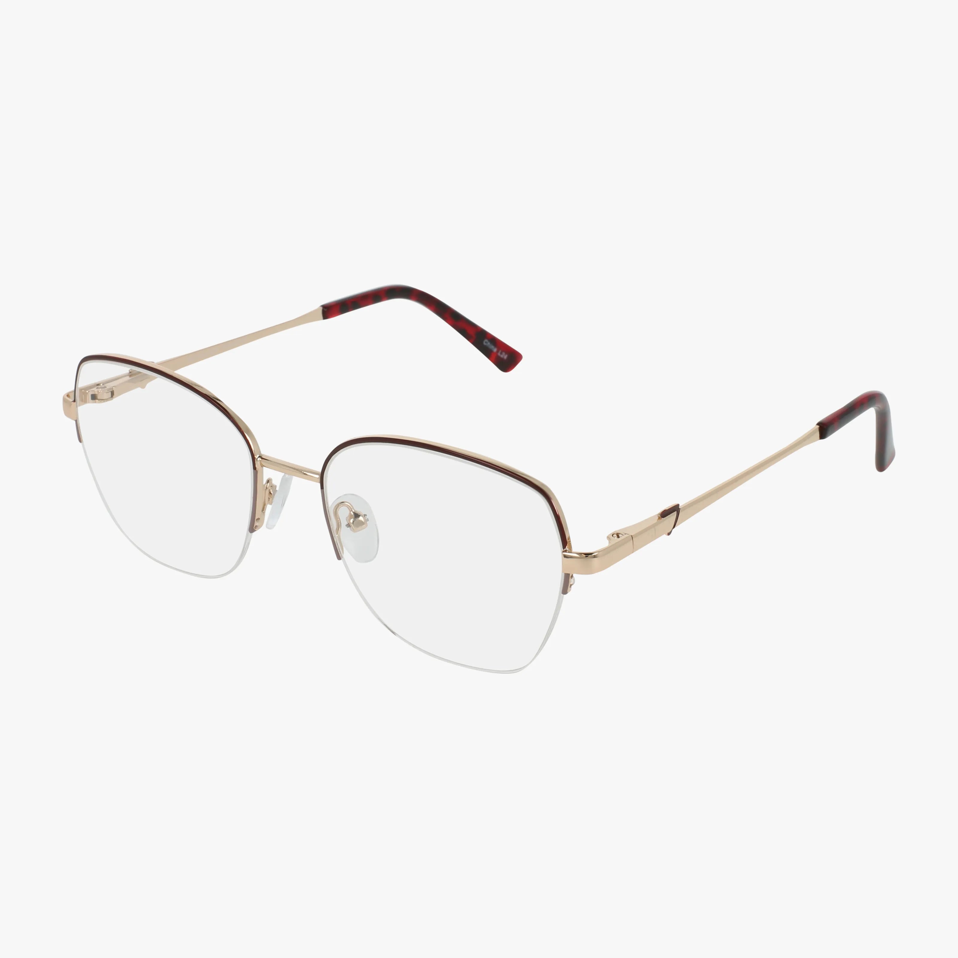 The Exclusive 268 eyeglasses feature a sleek gold metal frame, clear lenses, and square shape with thin temples in red and black tips for a versatile look.