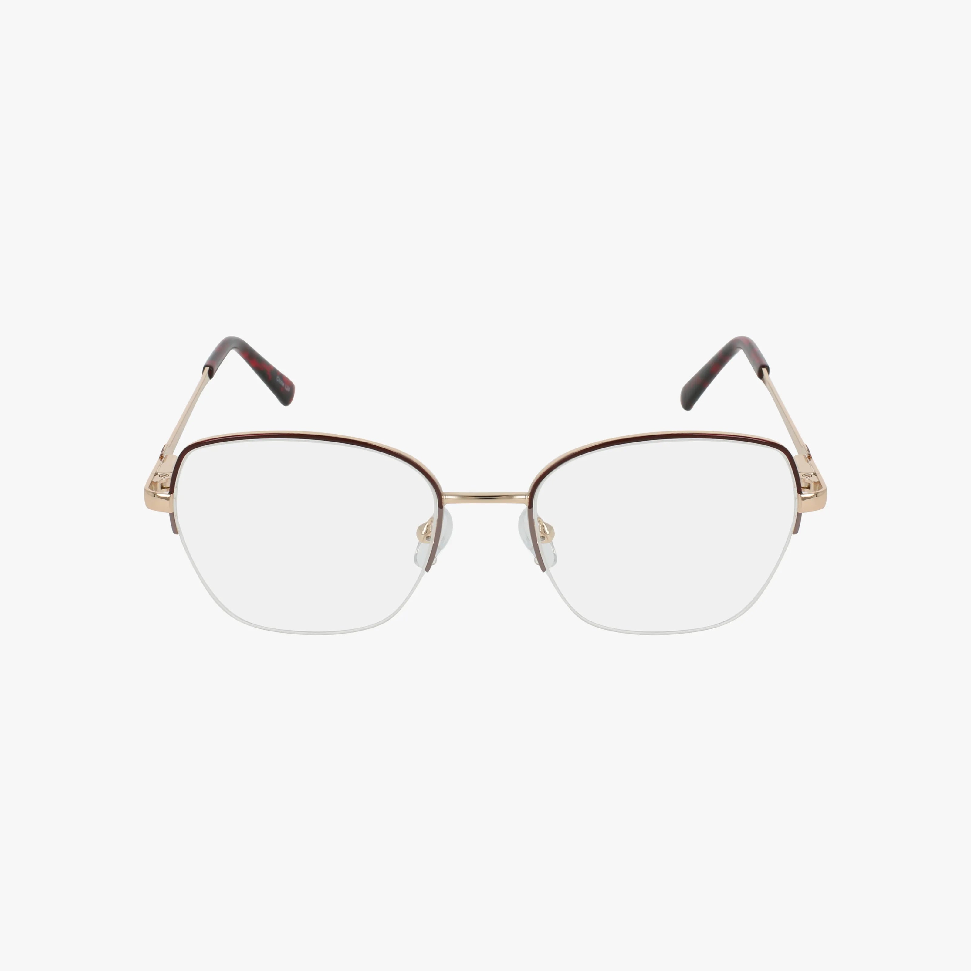 The Exclusive 268 semi-rimless eyeglasses feature a sleek gold metal frame with thin temples and brown tips, offering lightweight comfort and a versatile style, shown against a white background.