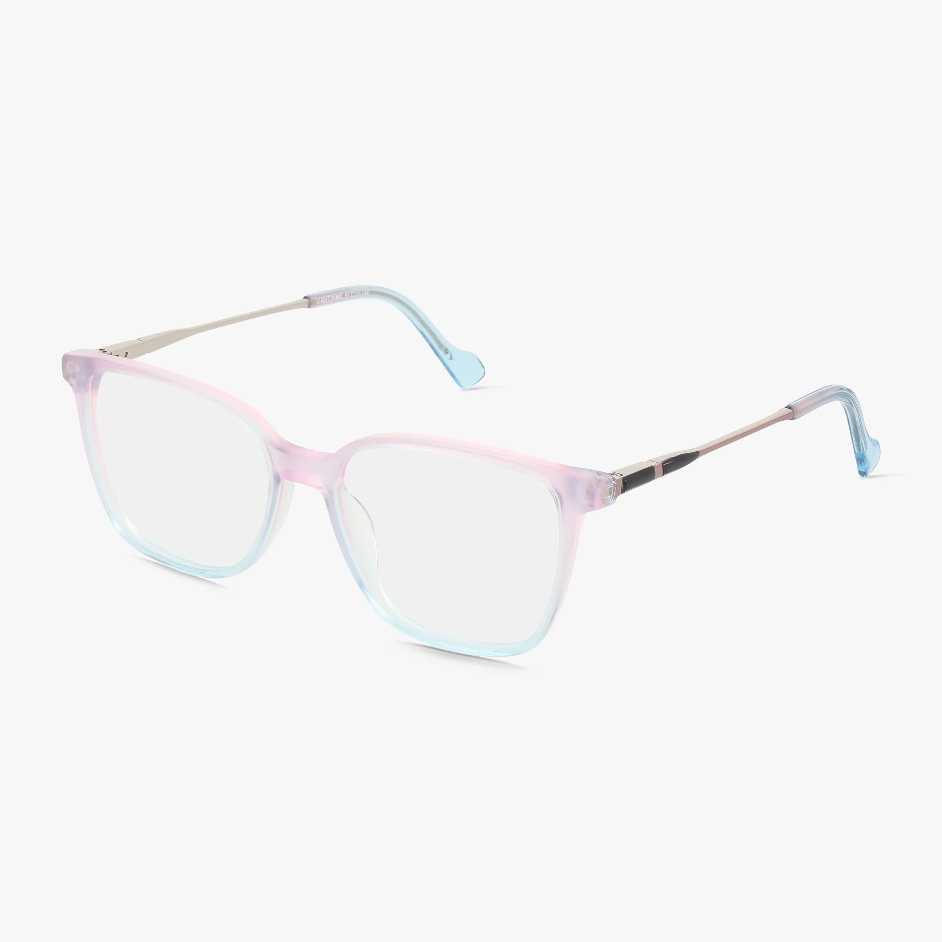 Fregossi 1039 features square eyeglasses with Pink Light translucent gradient frames and thin metallic arms, combining distinct style and function, displayed on a white background.