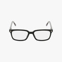 CNBCN 116 black rectangular eyeglasses with clear lenses, shown front-facing on a white background. The classic bold frames feature subtle metal accents near the hinges, creating a standout look for any occasion.