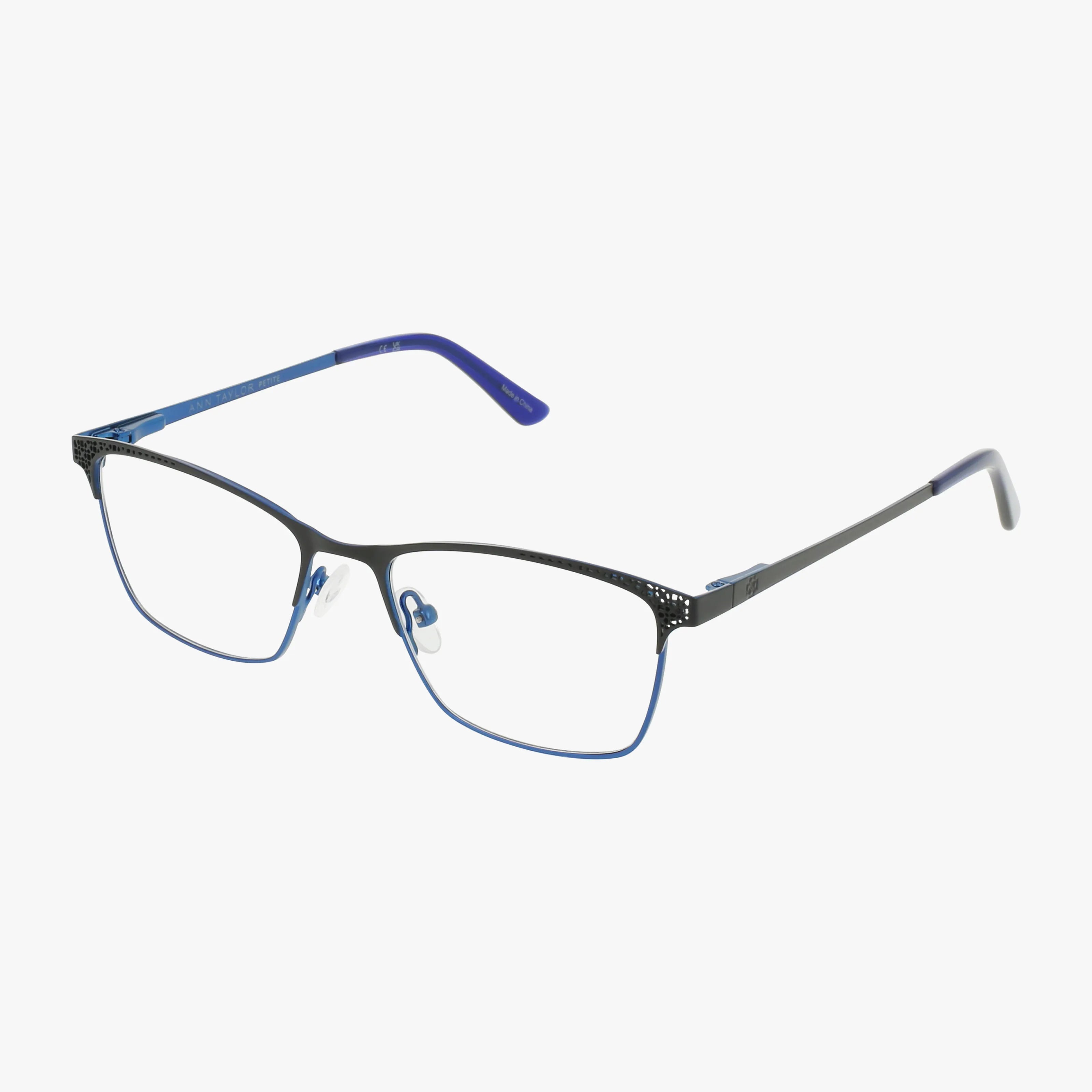 The Ann Taylor ATP709 features a bold rectangular design with thin black and blue metal frames, adjustable nose pads, and blue-tipped temple arms, shown on a white background.