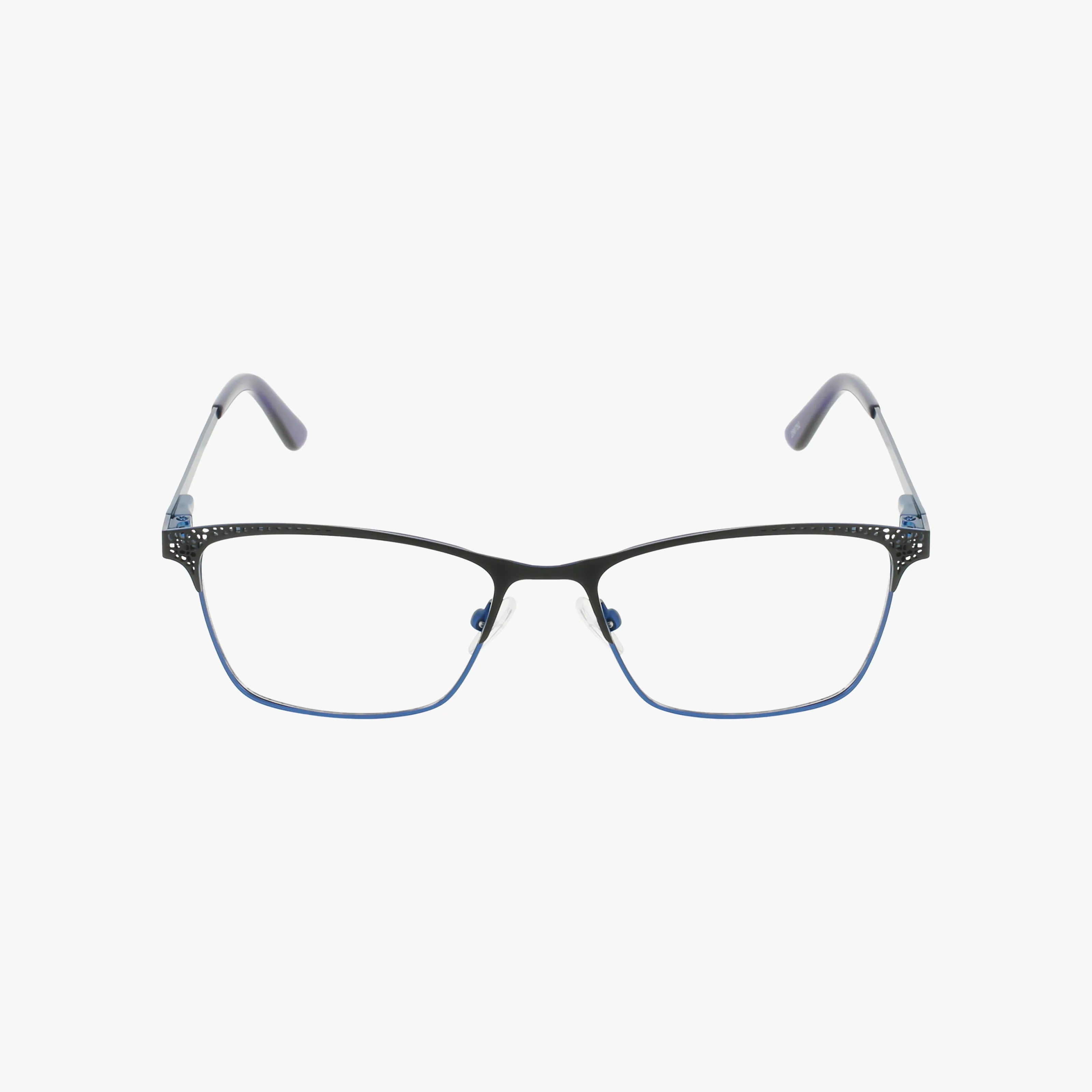 Ann Taylor ATP709 rectangular eyeglasses feature a bold look with thin black frames fading to blue at the bottom, silver dotted accents at the corners, and gray temple arms, displayed on a white background.