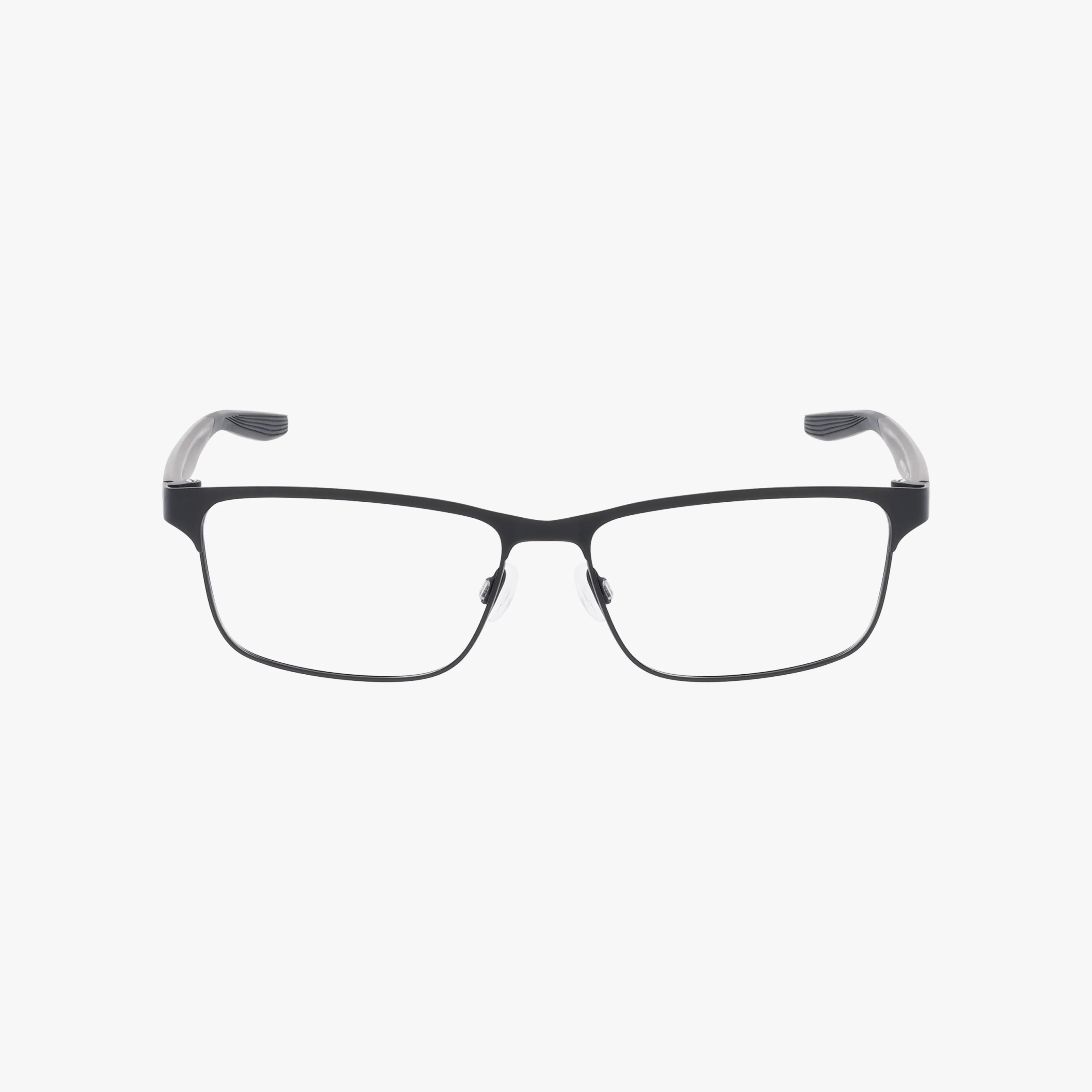 NIKE 8130 satin black rectangular specs with clear lenses and transparent, slightly curved temple arms, shown on a white background.