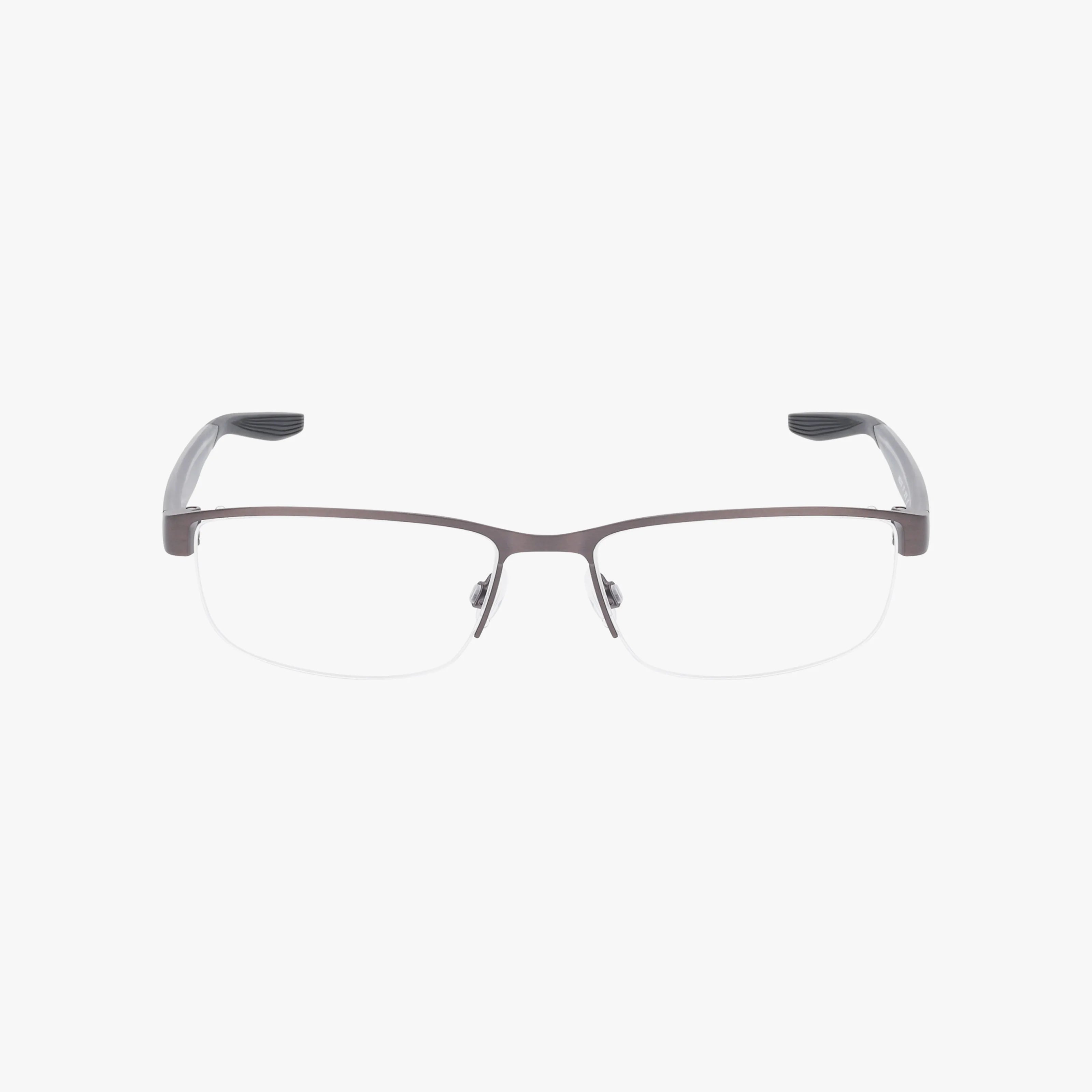 A pair of NIKE 8138 semi-rimless eyeglasses from NIKE, featuring a stylish frame and clear progressive lenses, shown front view against a plain white background.