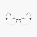 The Nine West NW8013N eyeglasses feature a thin black upper frame, metallic lower rim, clear lenses, and temples with dark tips, all set against a white background. Add sharp sophistication to your look with this stylish Nine West design.