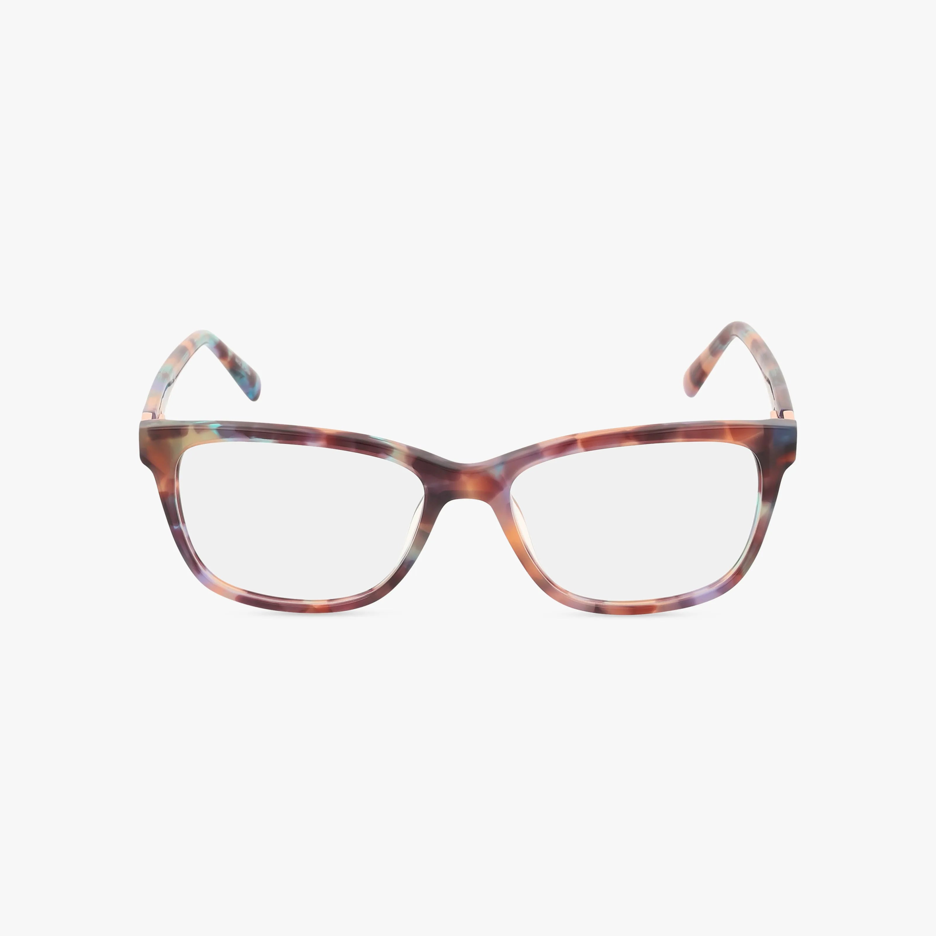 The Nine West NW5214 rectangular eyeglasses feature a multicolored tortoise frame, showcased on a white background and highlighting Nine West’s signature style.