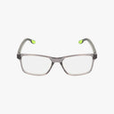 Nike 7160 eyewear features clear, rectangular gray frames with translucent temples and neon green tip accents, shown on a plain white background—perfect for everyday style and performance.