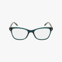 The Nine West NW5233 eyeglasses feature teal rectangular frames with clear lenses and bold design. The temples display a marbled gray and white pattern near the ends, shown against a plain white background.