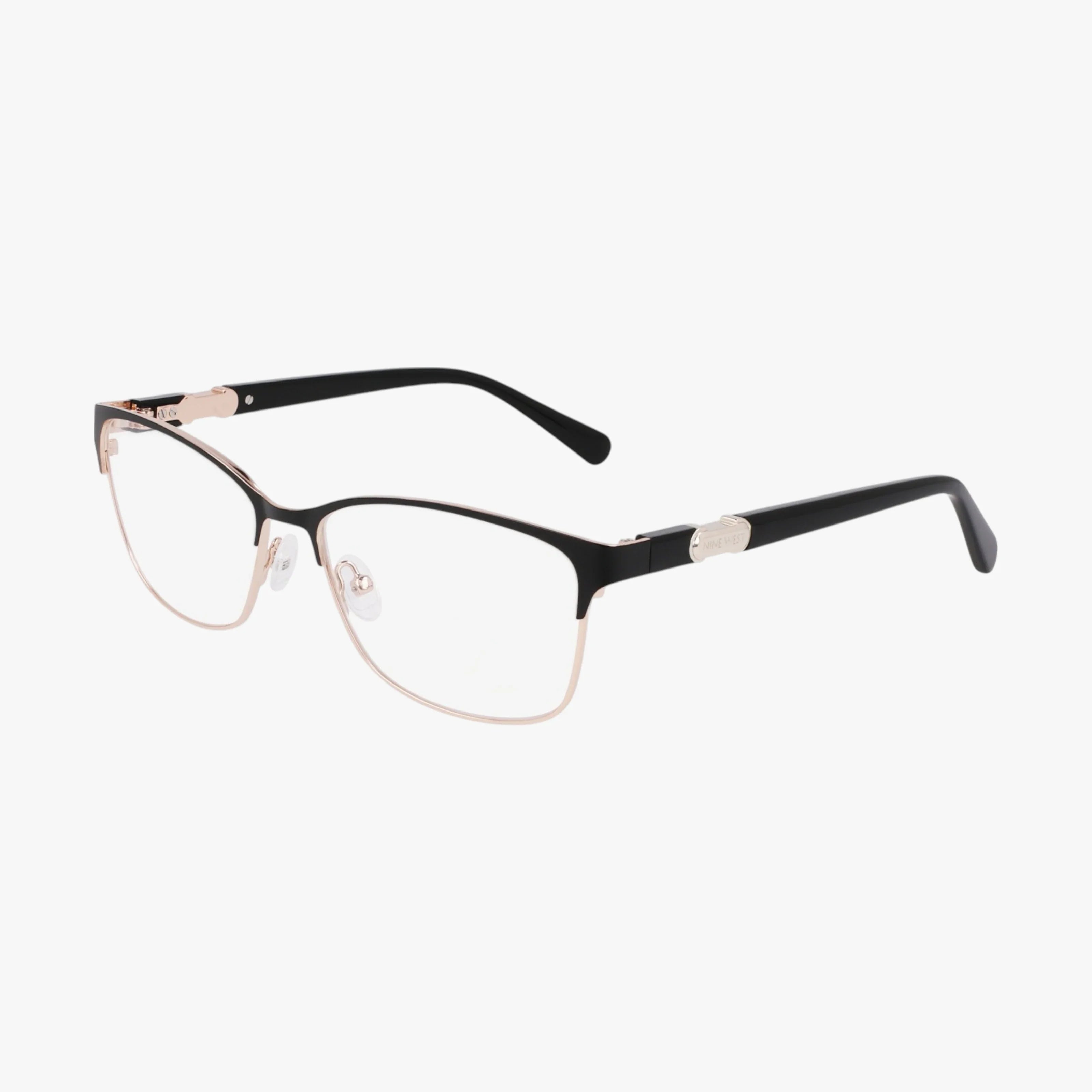The Nine West NW8023 features rectangular lenses, black arms, and gold metal rims with clear nose pads, displayed on a white background.