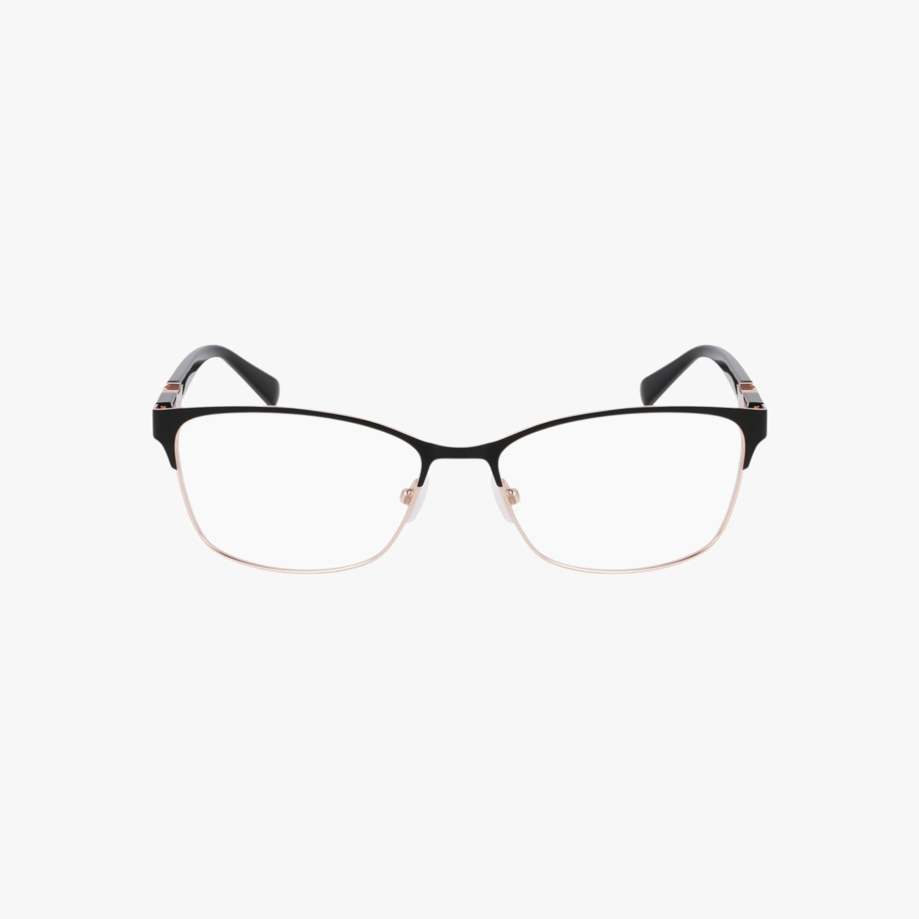 The Nine West NW8023 eyeglasses feature a rectangular shape with thin black upper frames, gold lower rims, black temples, durable construction, and clear nose pads, shown on a plain white background.