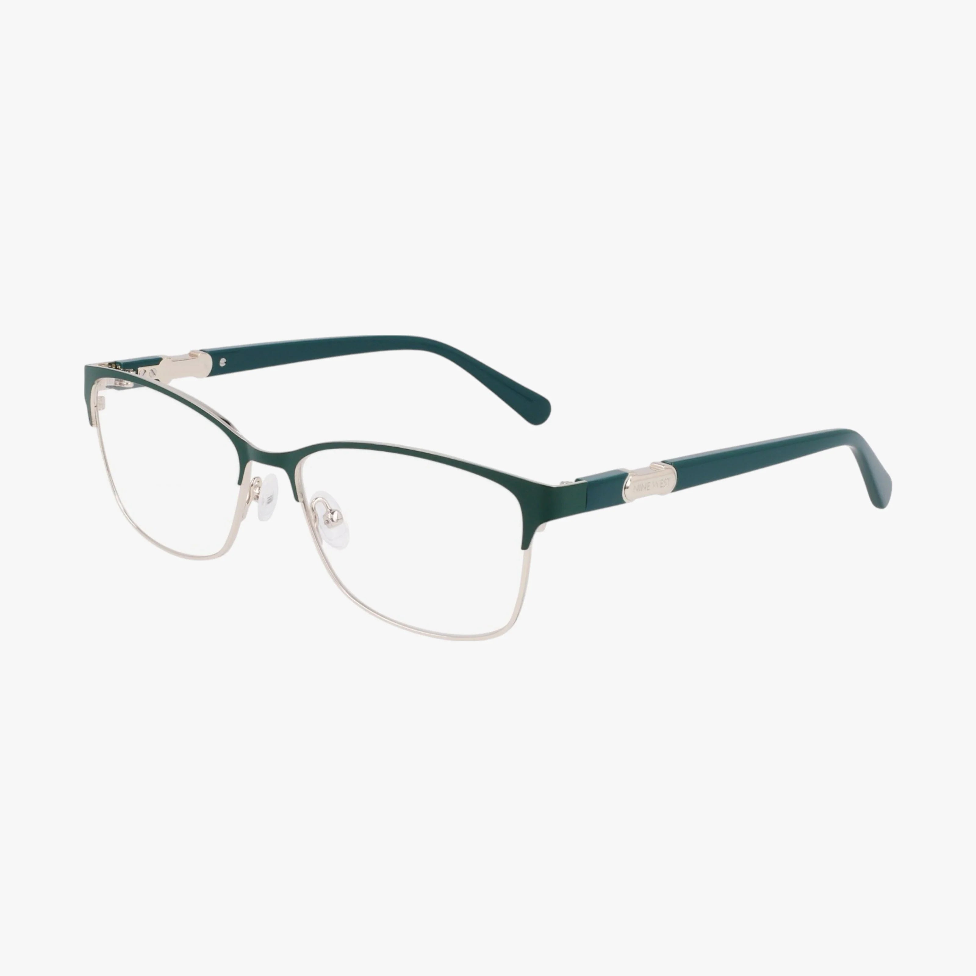 The Nine West NW8023 eyeglasses feature rectangular blue light lenses, silver metal rims, dark green arms, and adjustable nose pads for a stylish look on a plain white background.