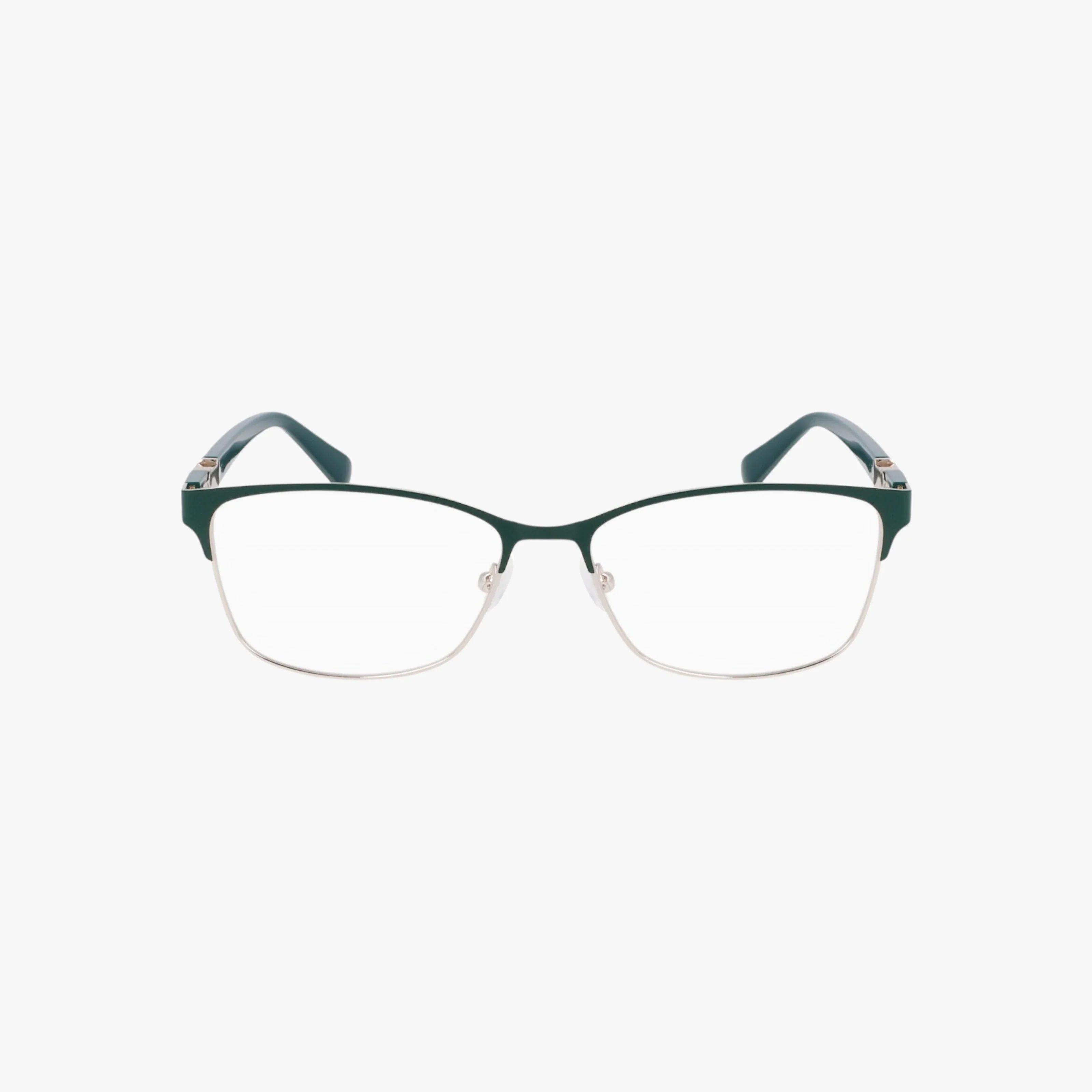 The Nine West NW8023 eyeglasses feature rectangular lenses, thin metal frames, and dark green arms—a stylish and durable eyewear choice shown from the front on a white background.