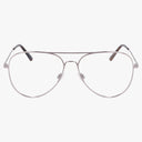 The Flexon H6083N features silver aviator eyeglass frames with a unique design, clear lenses, a thin metal build, double bridge, and black arm tips—ideal for prescription use. Shown on a plain white background.
