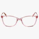 The Nine West NW5220N eyeglasses feature pink, transparent rectangular lenses with a subtle cat-eye lightweight frame, perfect for daily wear and displayed on a white background.