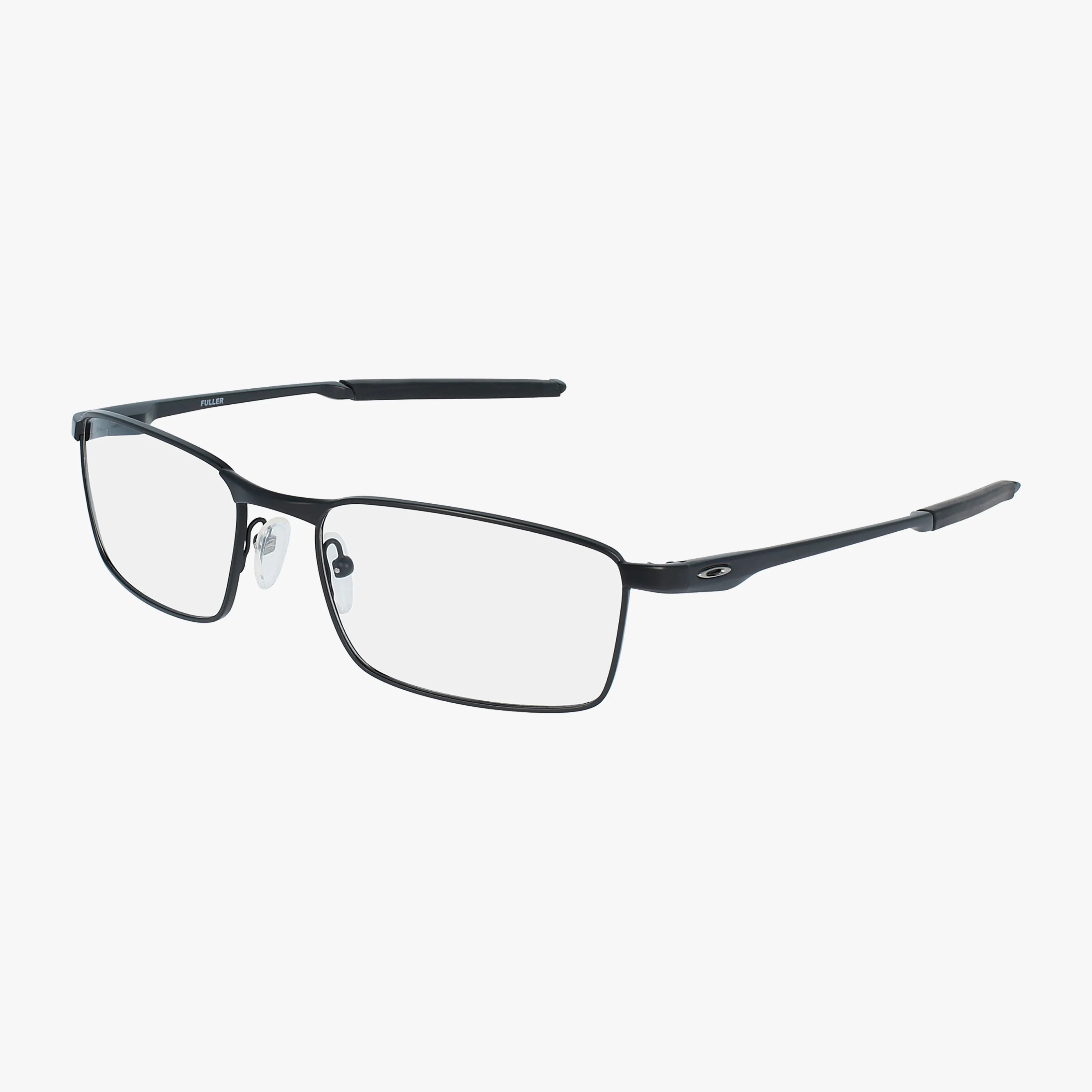 The Oakley OX3227 FULLER features black rectangular metal frames with clear blue light lenses, adjustable nose pads, and slim arms for lightweight durability, shown on a white background.