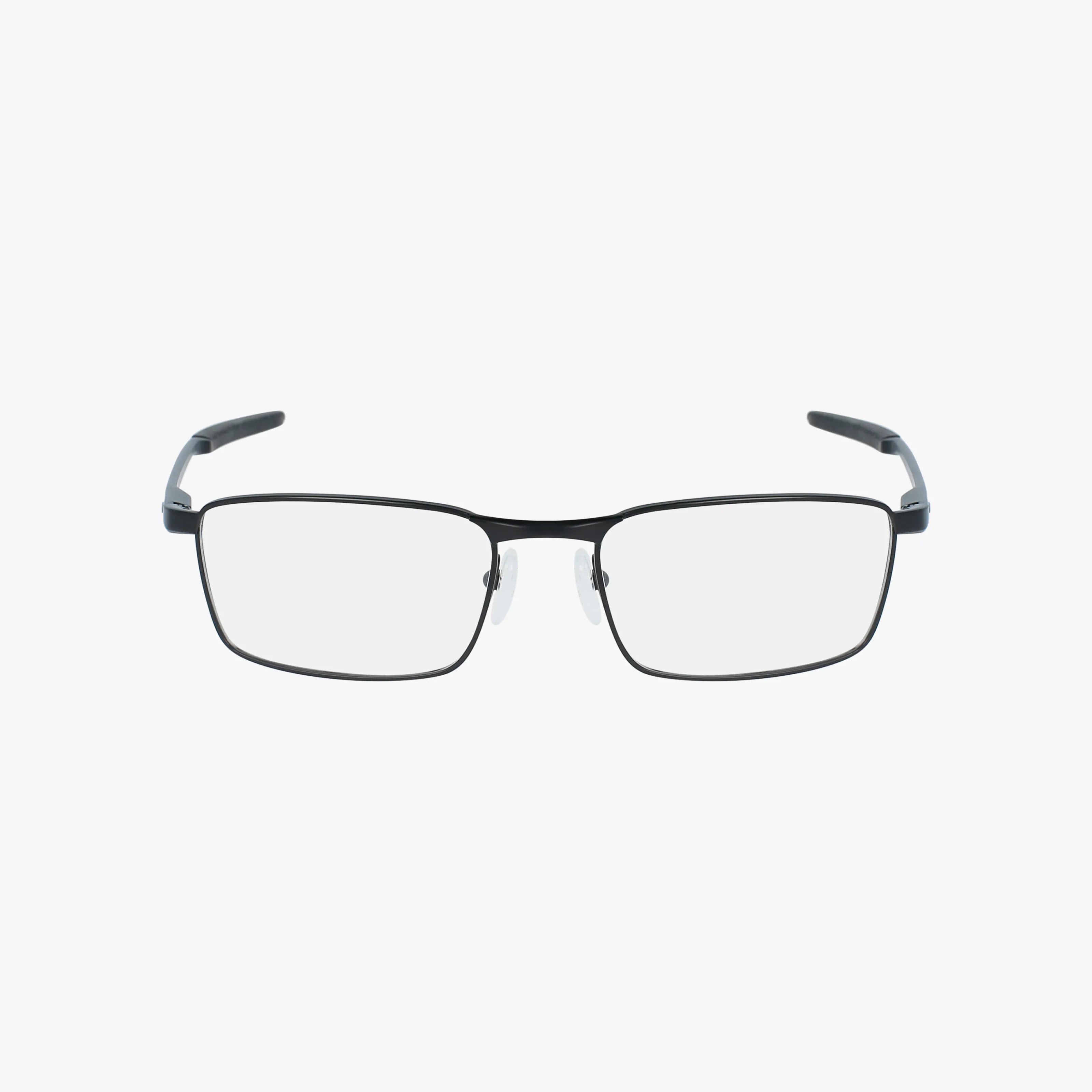 The Oakley OX3227 FULLER eyeglasses feature black rectangular frames with blue light lenses and clear accents, displayed facing forward on a plain white background.