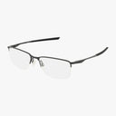 The Oakley OX3218 SOCKET 5.5 features black, semi-rimless lightweight glasses with rectangular lenses and thin metal frames, displayed on a white background.