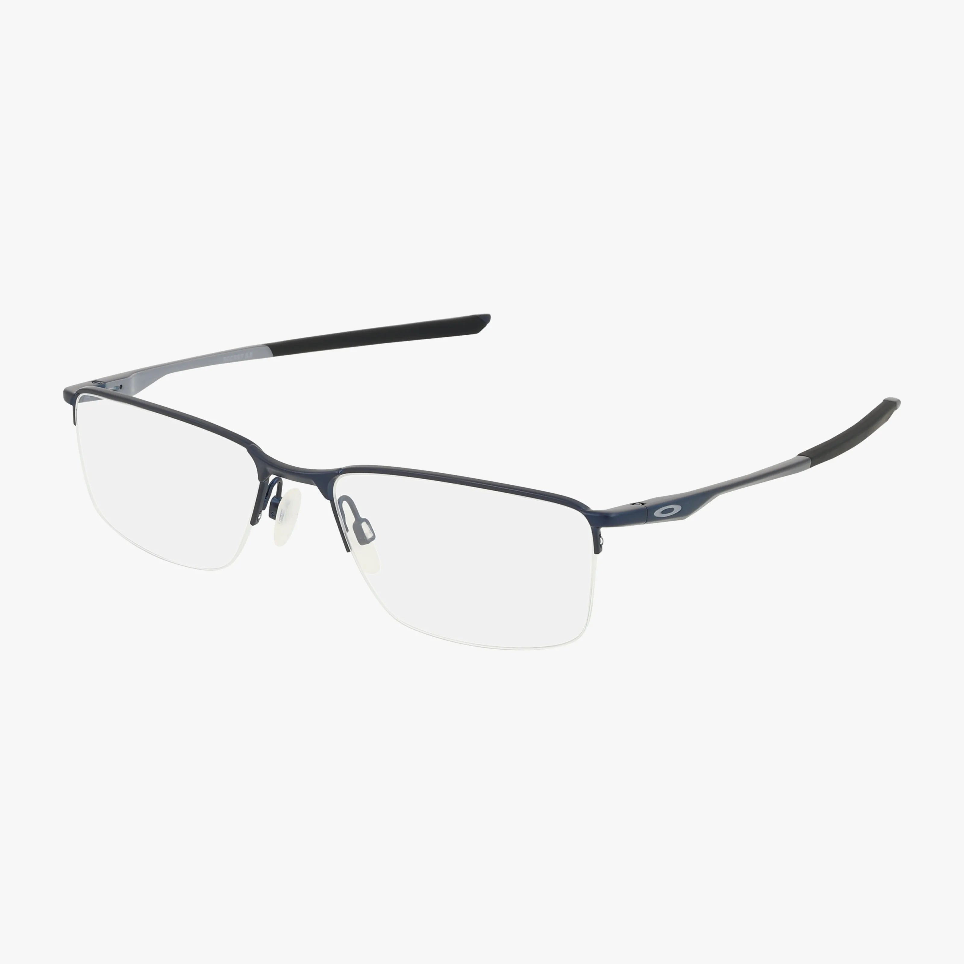 The Oakley OX3218 SOCKET 5.5 features rectangular, semi-rimless lightweight glasses with thin dark metal frames and black temple arms, shown on a white background.