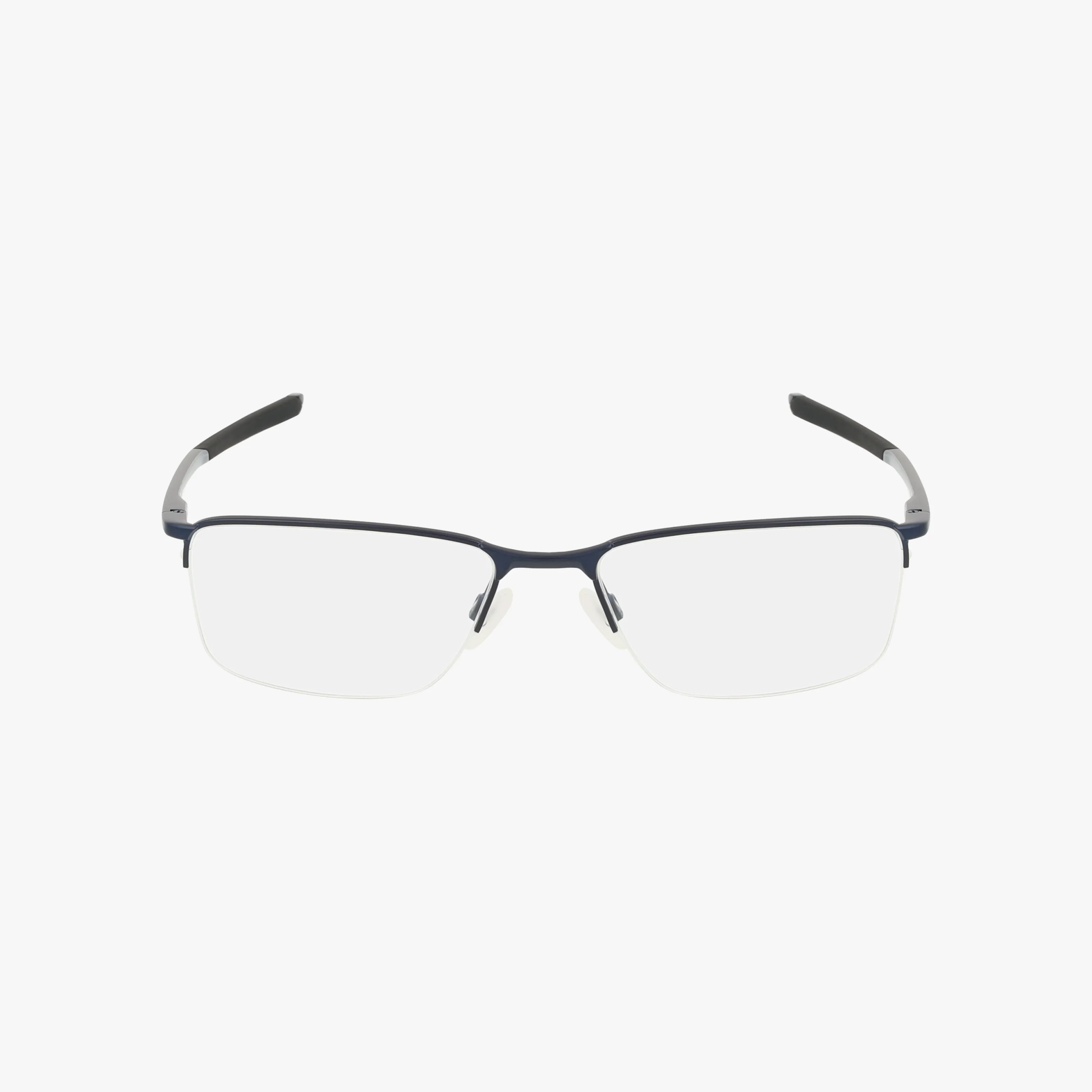 The Oakley OX3218 SOCKET 5.5 glasses feature clear lenses and a lightweight, thin dark semi-rimless frame, displayed against a plain white background.