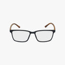 The Eddie Bauer EB32036 eyeglass frames feature rectangular black rims and brown tortoiseshell-patterned temple tips, displayed on a plain white background.