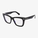The Tom Ford FT5881-B features black rectangular frames with thick, lightweight design and subtle gold hinge accents. Optional blue light lenses available. Displayed on a white background.
