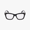 The Tom Ford FT5881-B features black square, thick yet lightweight frames with clear lenses and signature gold “T” accents on the hinges, shown against a white background.