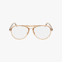 The Tom Ford FT5981-B gold metal aviator eyeglass frames with clear lenses offer a distinct style and functional design, shown on a white background.