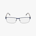 The Harley Davidson HD50062 is a pair of rectangular eyewear with navy blue rims, clear lenses, and gray arms in a modern, tailored frame design, shown against a white background.