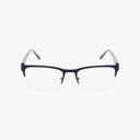 The Timberland TB50083 half-rim eyeglasses feature a dark, thin upper frame, transparent nose pads, and slim grey or silver temples. Lightweight and shown on a white background, they're perfect for daily wear.
