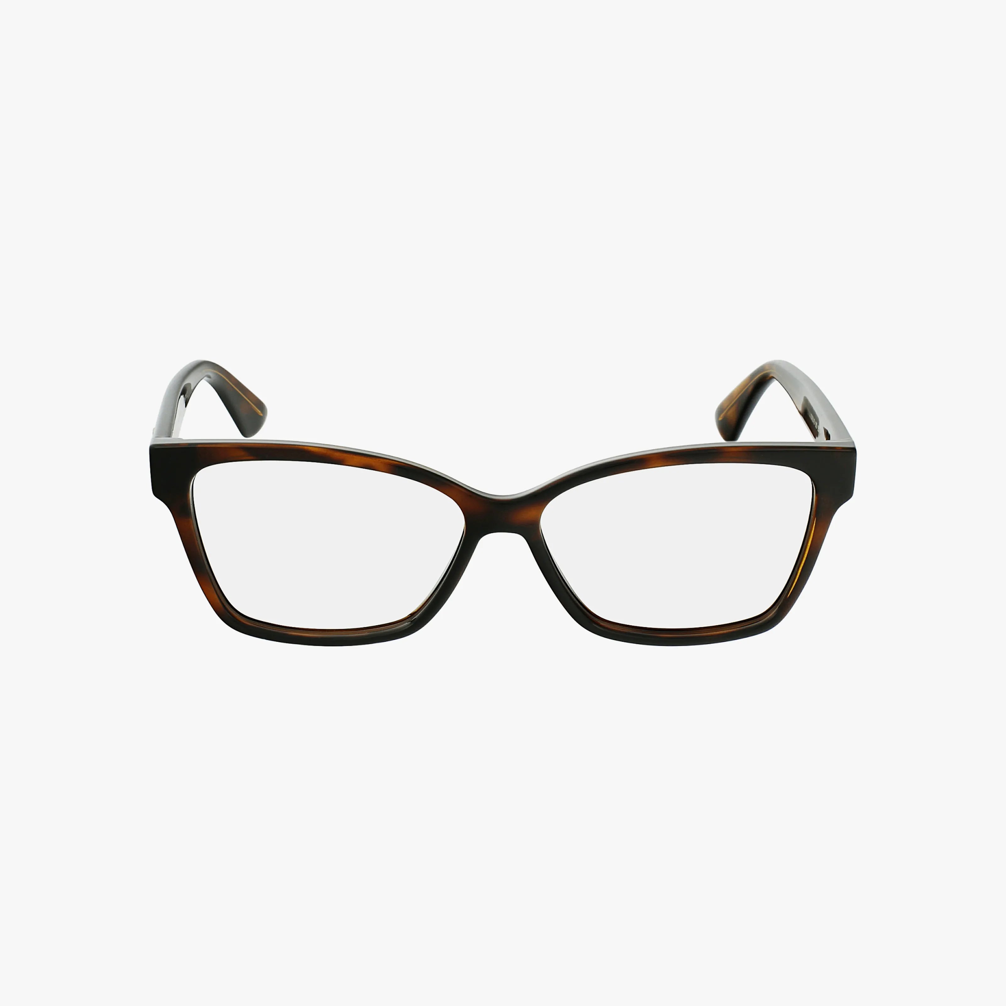 Gucci GG0634O designer eyeglass frames feature rectangular, dark tortoiseshell rims and clear lenses, shown against a plain white background for a stylish and sophisticated look.