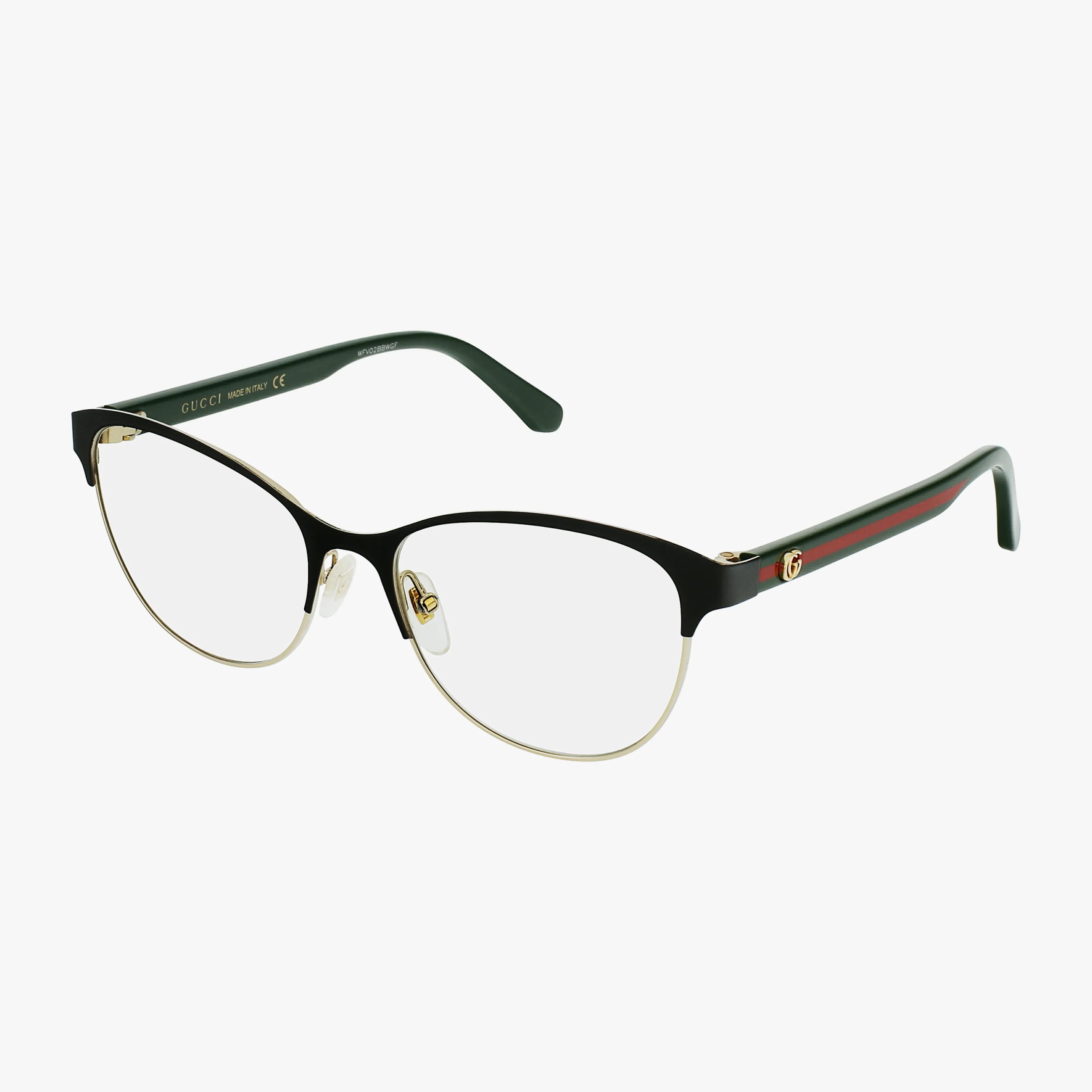 The Gucci GG0718O eyewear features black and gold metal rims, clear lenses, adjustable nose pads, and Italian green-red detailing on the temples, shown on a white background.