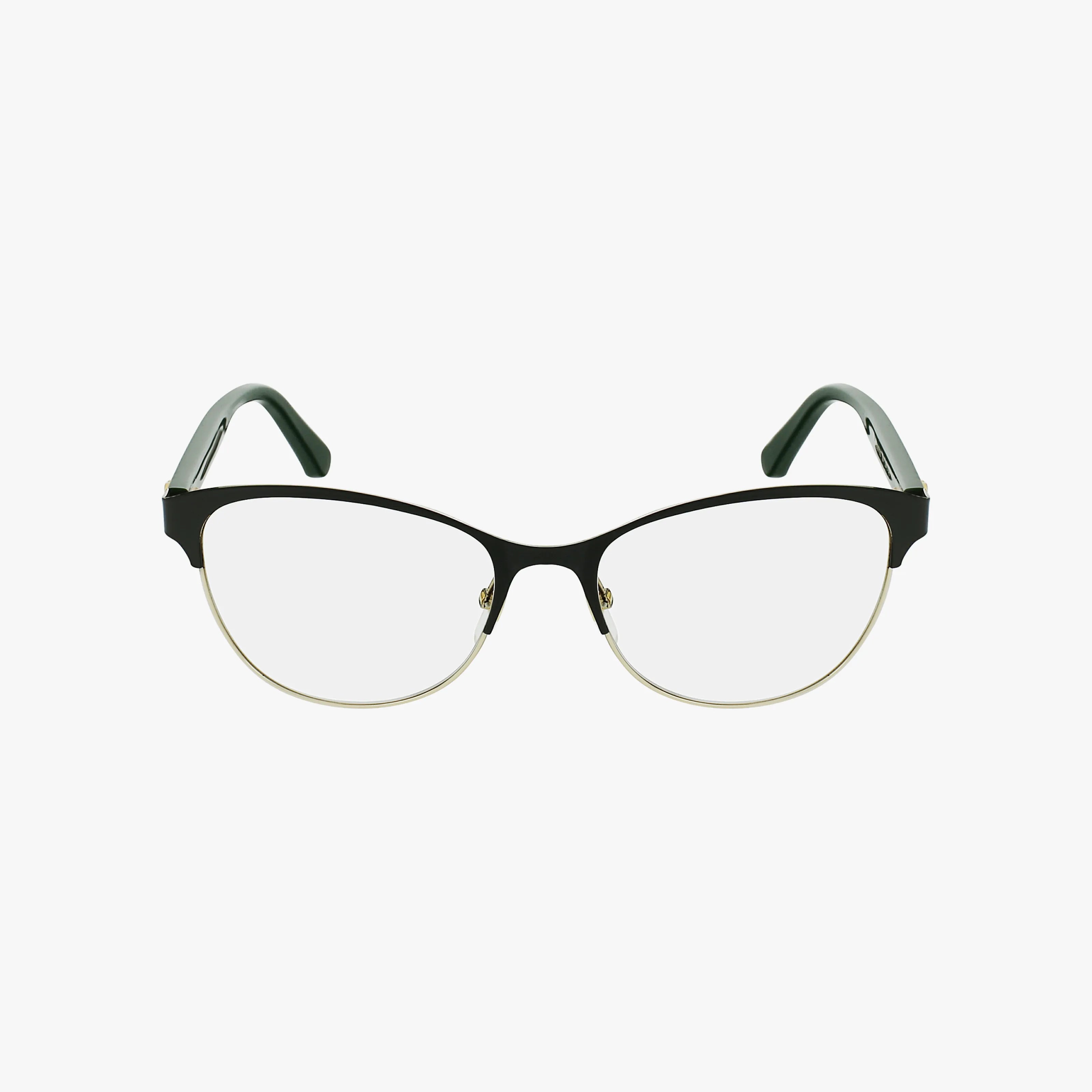 The Gucci GG0718O eyeglasses feature Italian design with black upper rims, gold lower rims, clear lenses, and dark green temple arms, shown on a white background.