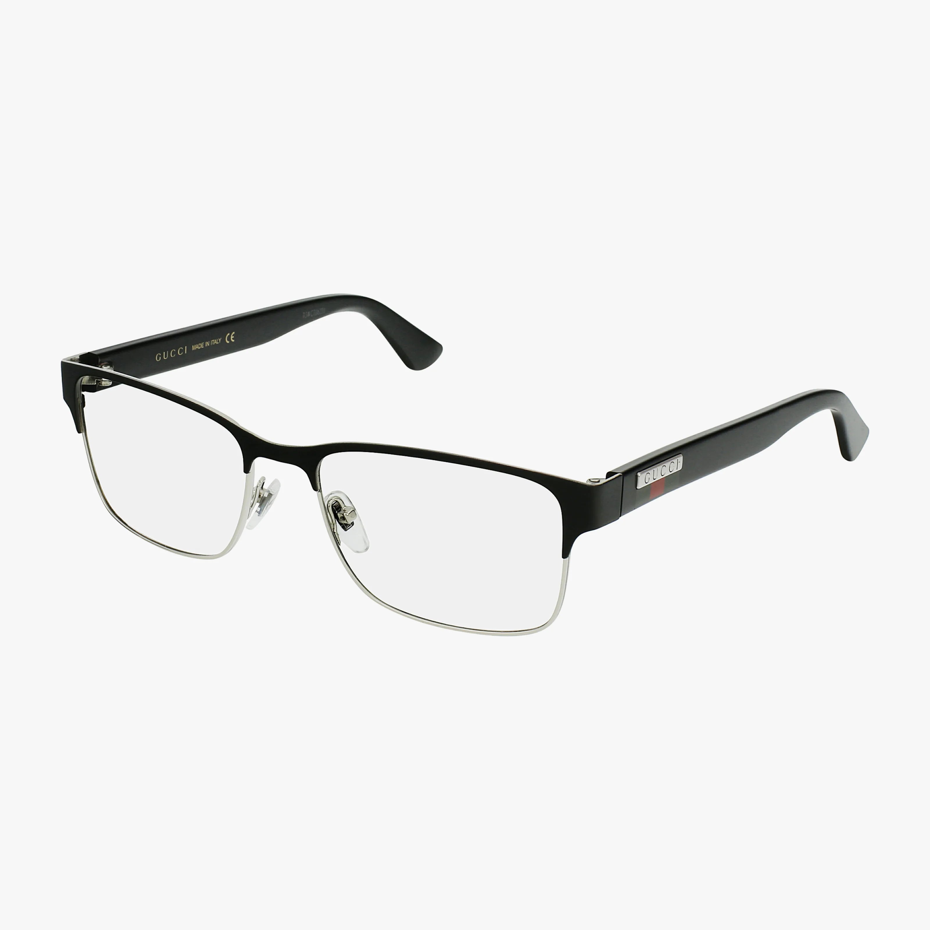 Gucci GG0750O eyeglasses with a black upper frame, silver metal lower rims, clear lenses, and black temples featuring the Gucci logo on each side. Background is plain white.