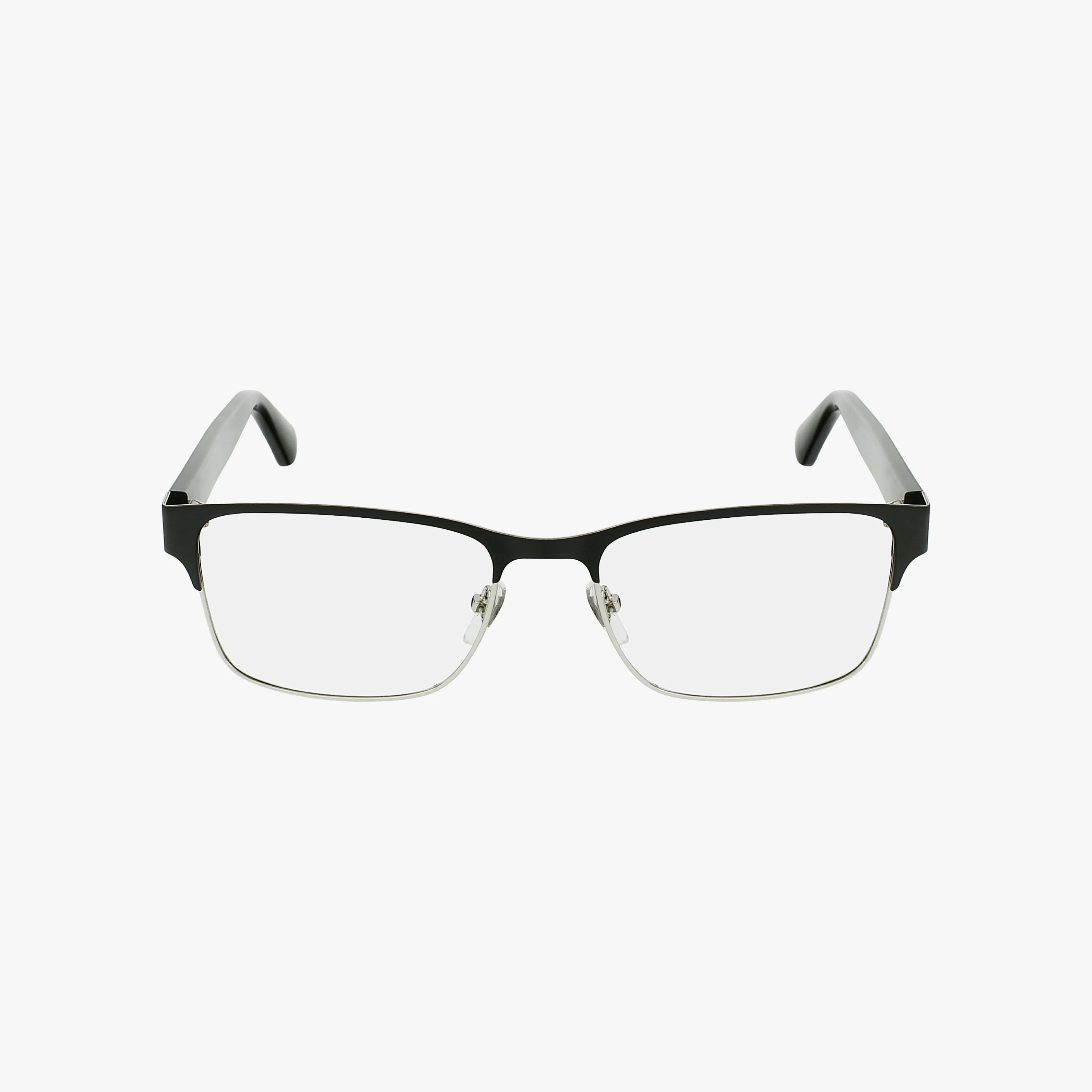 The Gucci GG0750O eyeglasses feature black upper rims and temples, silver lower rims, and clear lenses with blue light protection. These metal frame glasses combine style and function, shown on a plain white background.