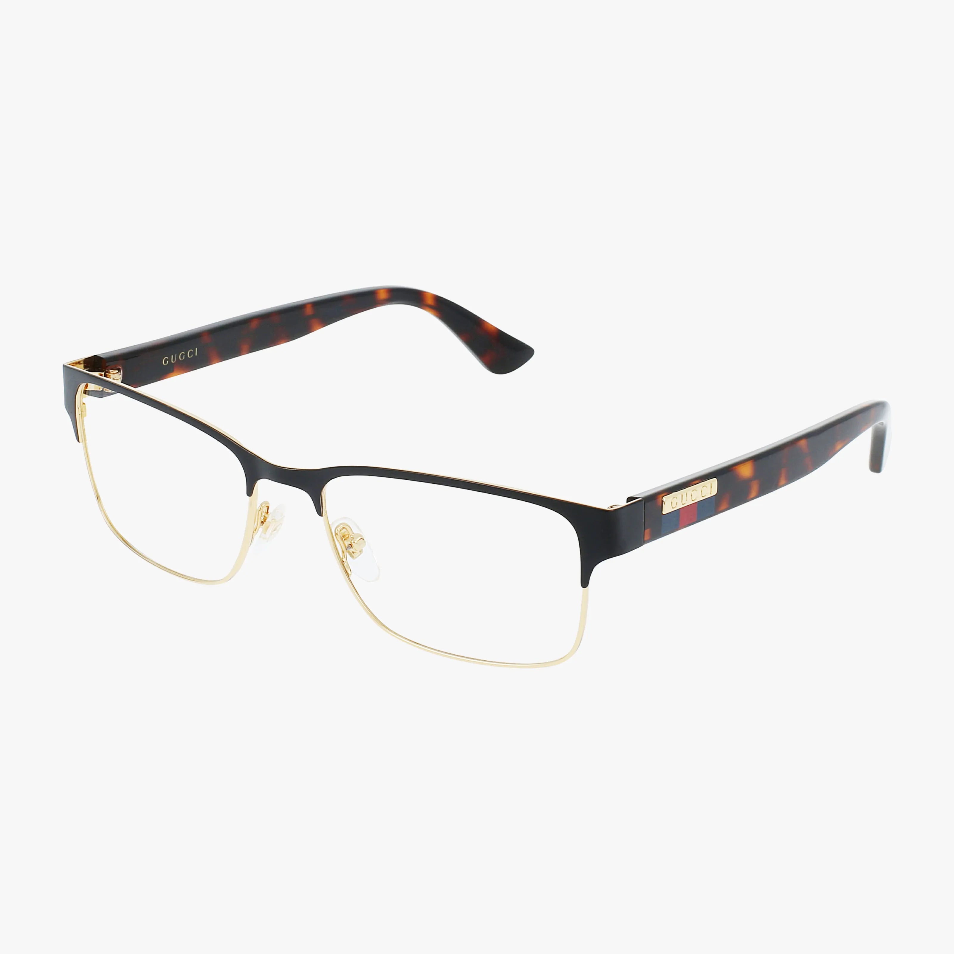 The Gucci GG0750O eyeglasses feature thin gold rims, black upper frames, and tortoise temples with a signature metal frame, shown on a white background.