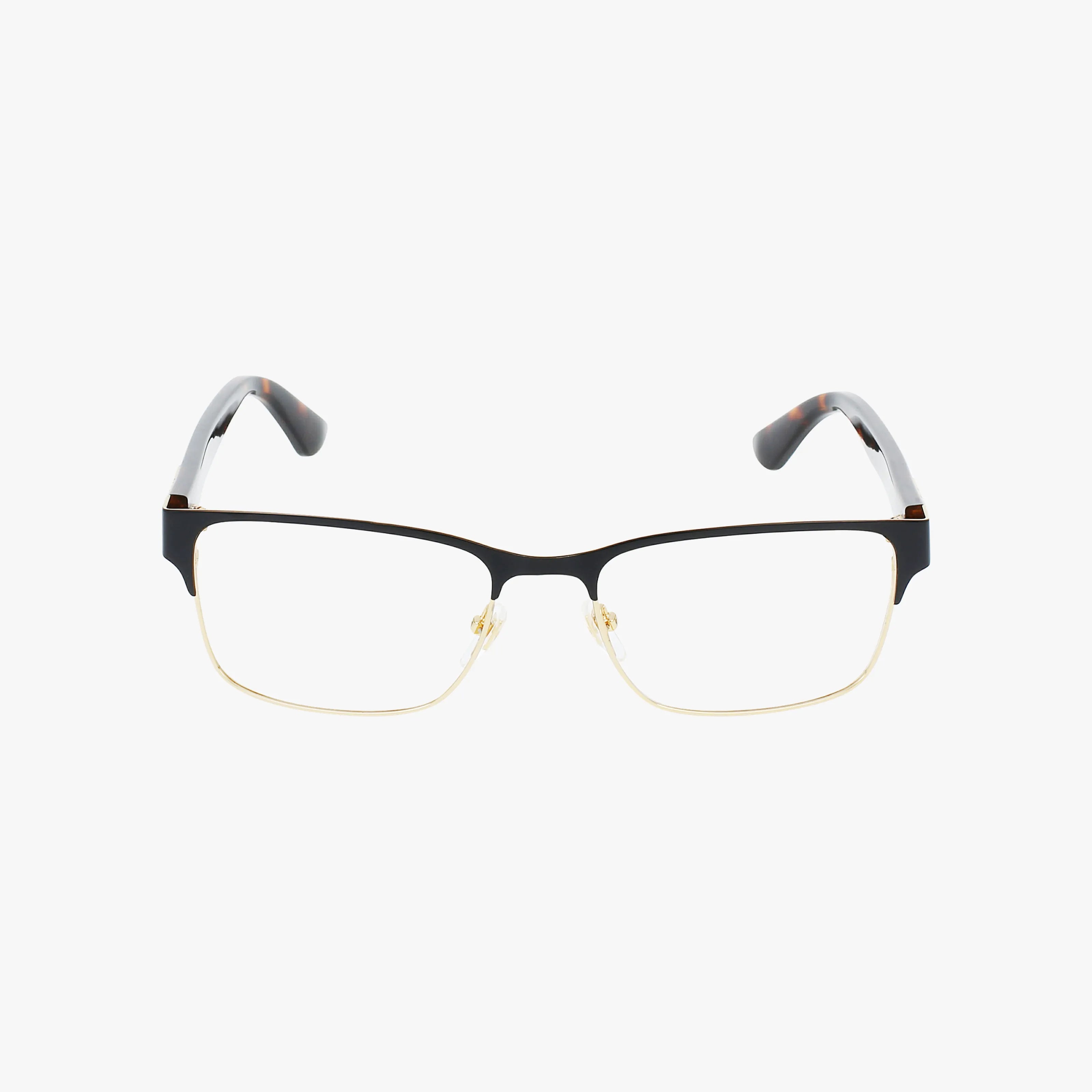 The Gucci GG0750O features rectangular eyeglasses with black upper frames, gold lower rims, adjustable nose pads, and tortoise temples. Designed with blue light protection, they are showcased against a white background.