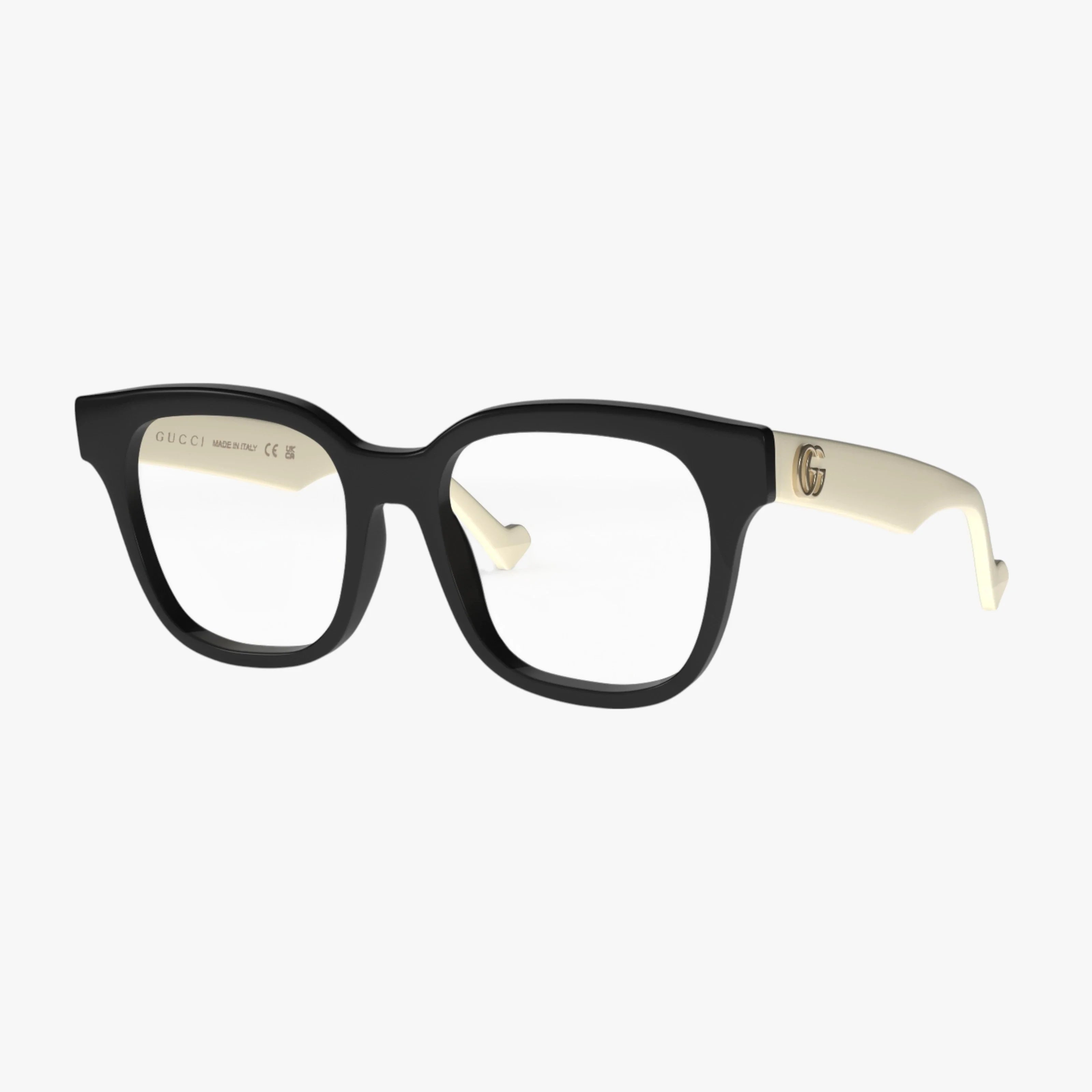 Gucci GG0958O eyewear features rectangular lenses, thick black frames, and wide ivory temples with a gold Gucci logo on the side—a bold, elegant choice for fashion-forward individuals.