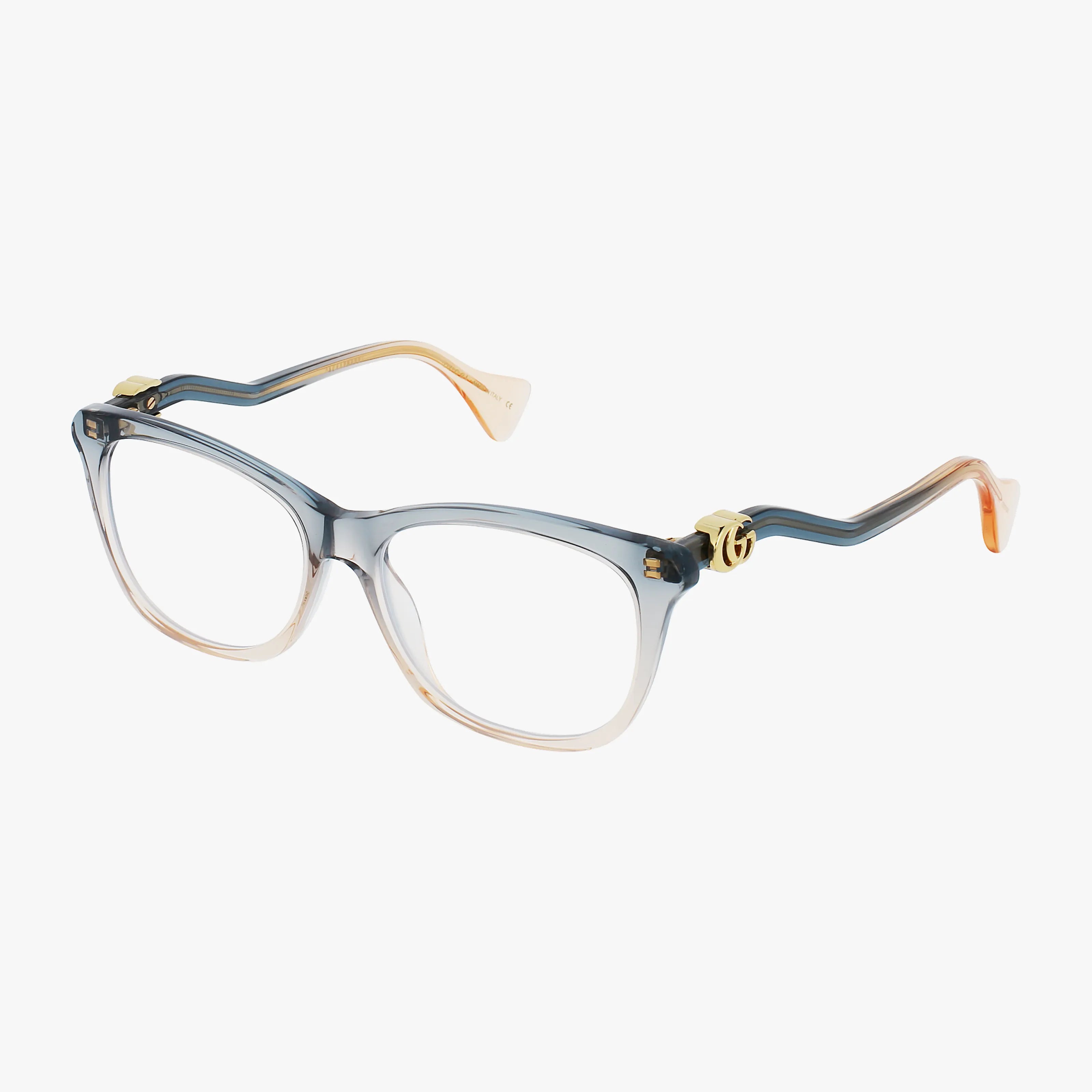 Gucci GG1012O eyewear features translucent blue-to-peach gradient rims, gold hinge accents, and wavy arms in matching shades—ideal for adding prescription lenses.