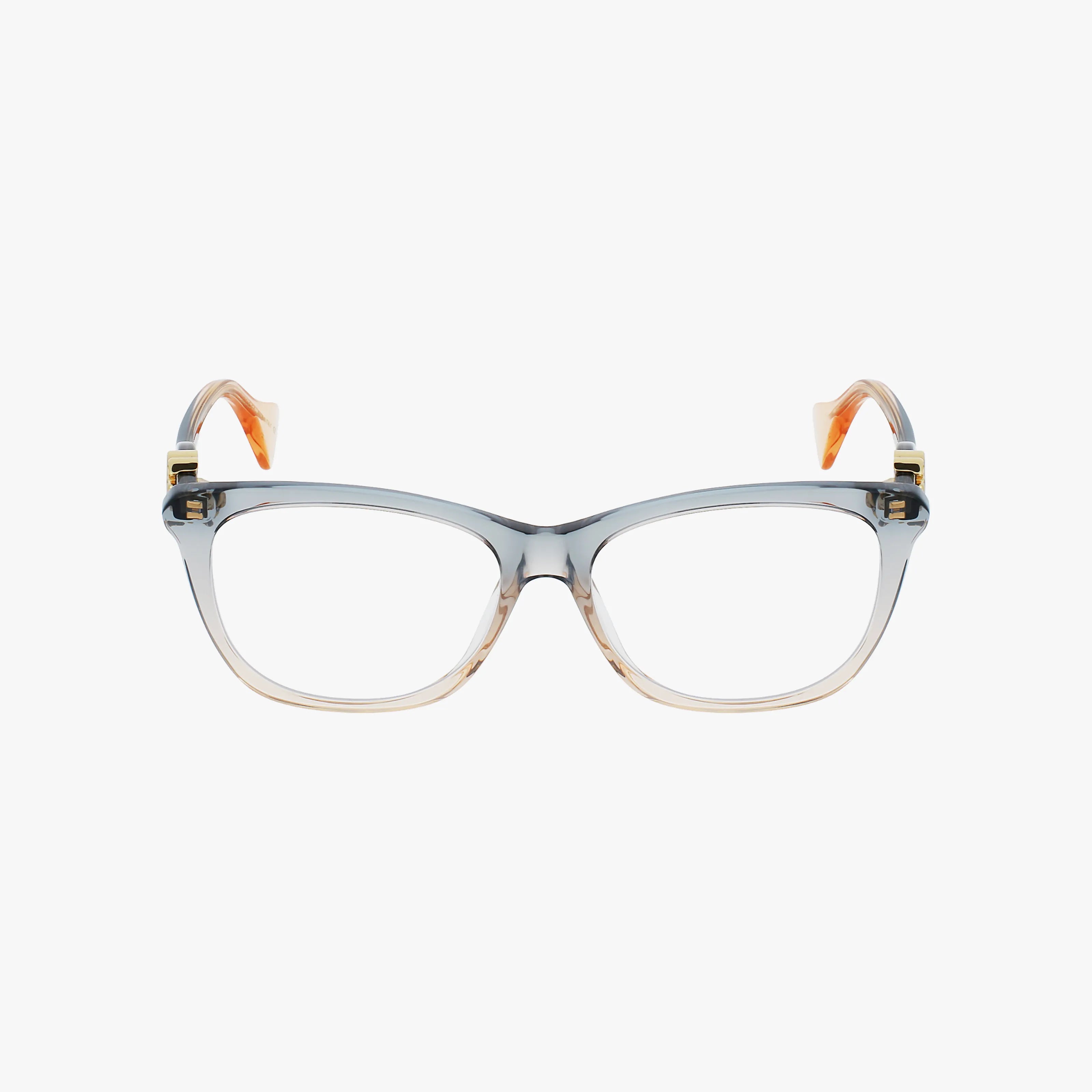 Front view of Gucci GG1012O eyeglasses featuring transparent gray-to-beige frames, gold hinge accents, orange arm tips, and prescription lens compatibility.