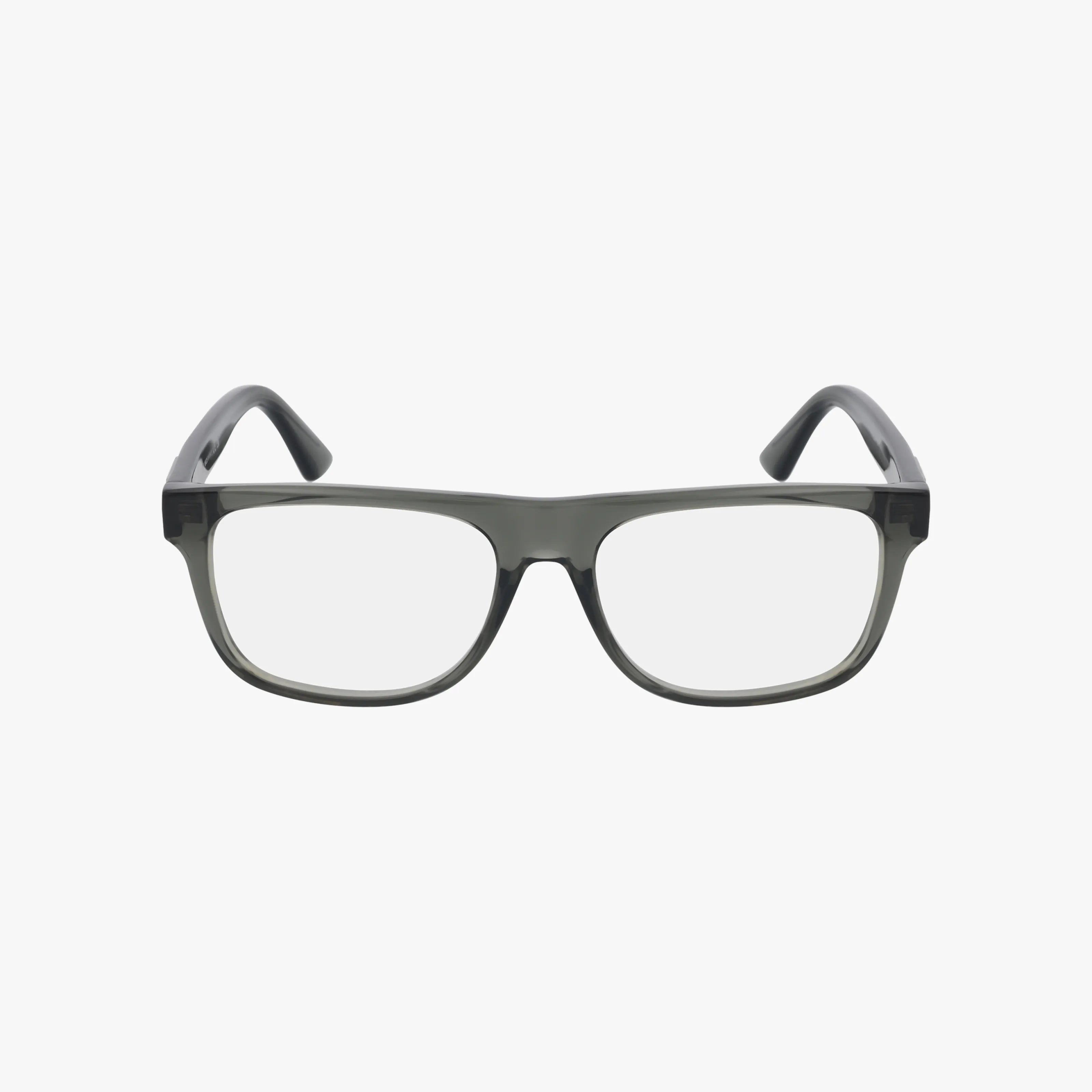 A pair of Gucci GG1117O black rectangular frames with clear lenses, displayed front-facing on a white background. Shop online for a stylish, sophisticated look.
