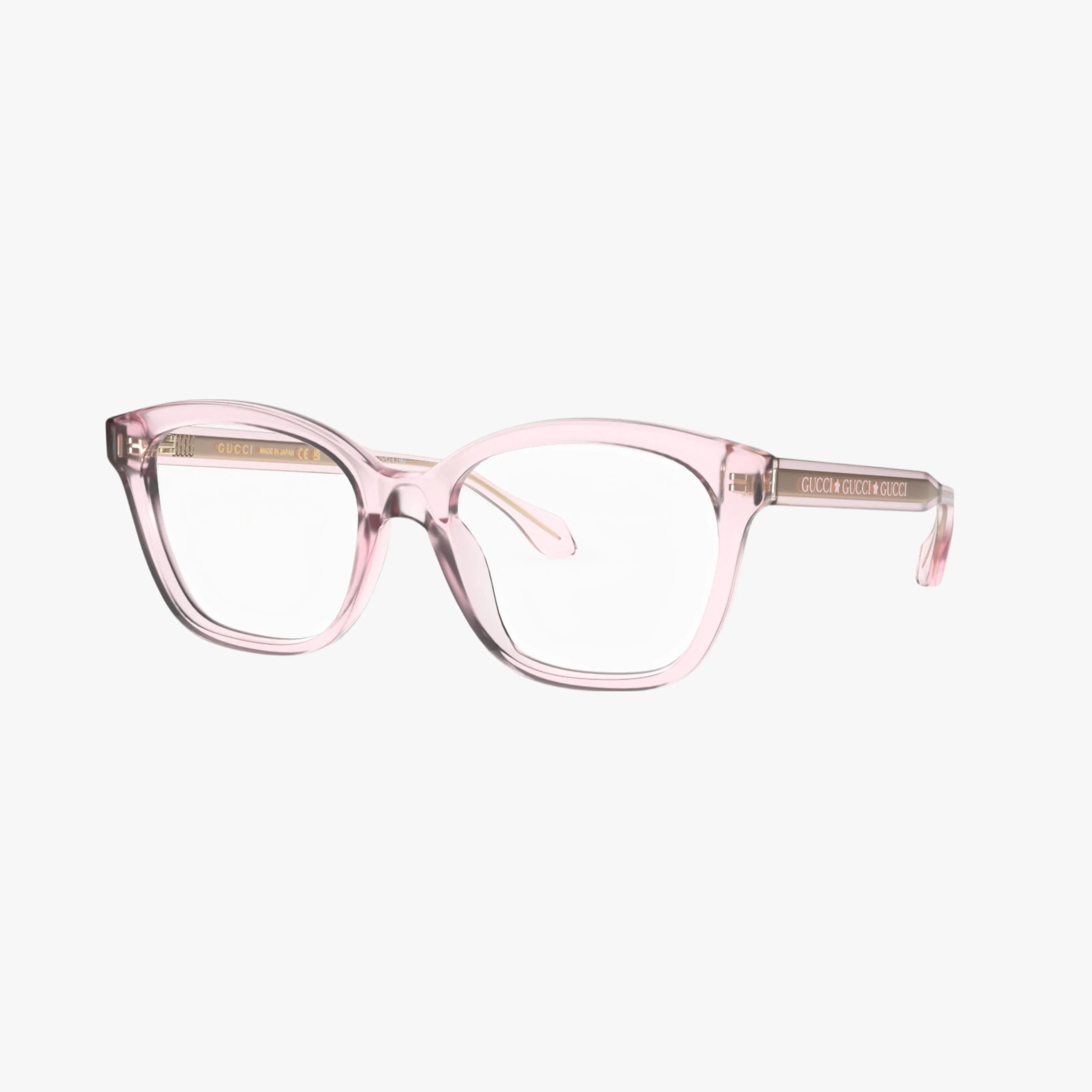 Gucci GG0566ON features clear pink square frames in premium acetate with thick arms and signature branding, shown against a plain white background.