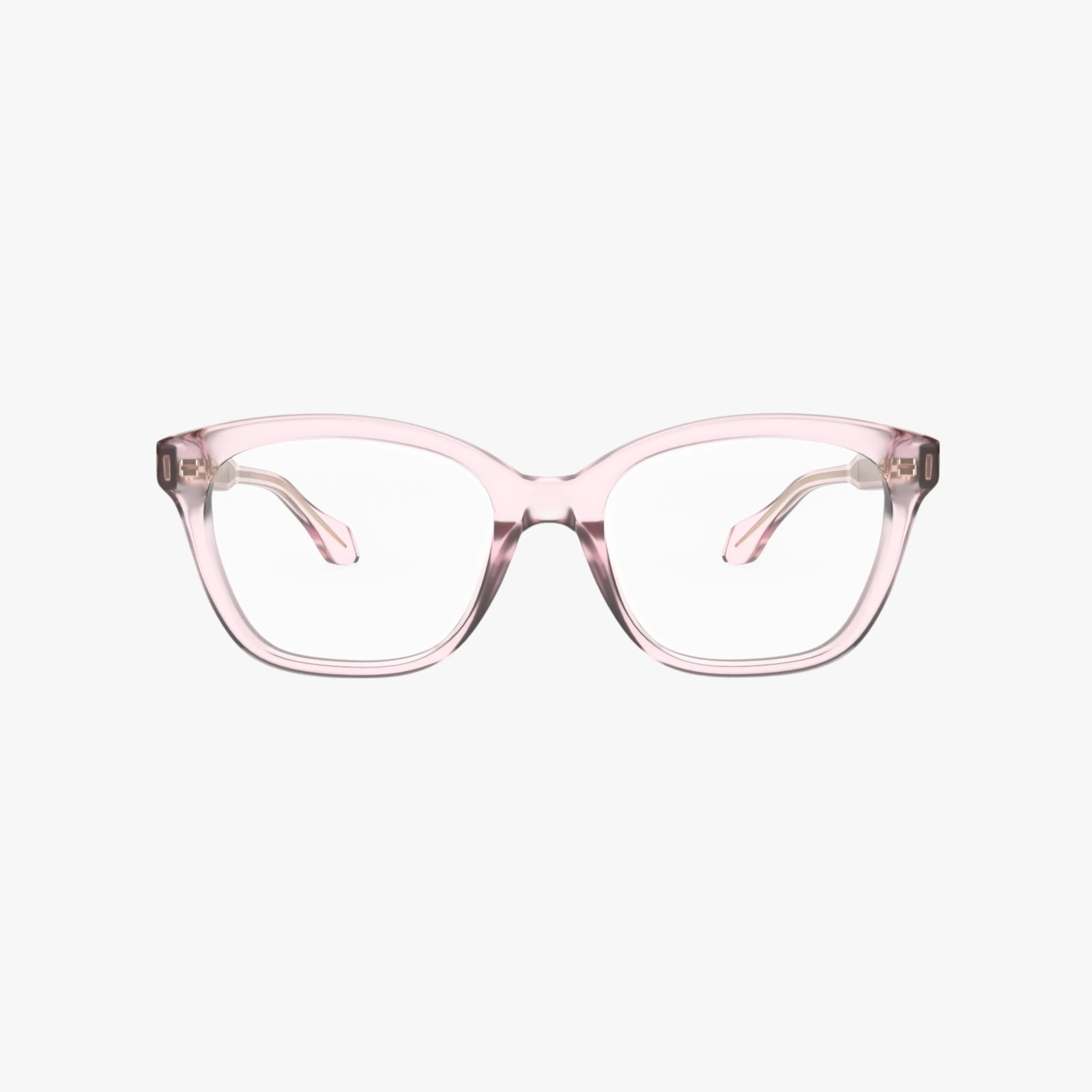 The Gucci GG0566ON eyeglass frames feature clear pink premium acetate in a rectangular cat-eye shape, Italian-inspired, shown from the front on a plain white background.