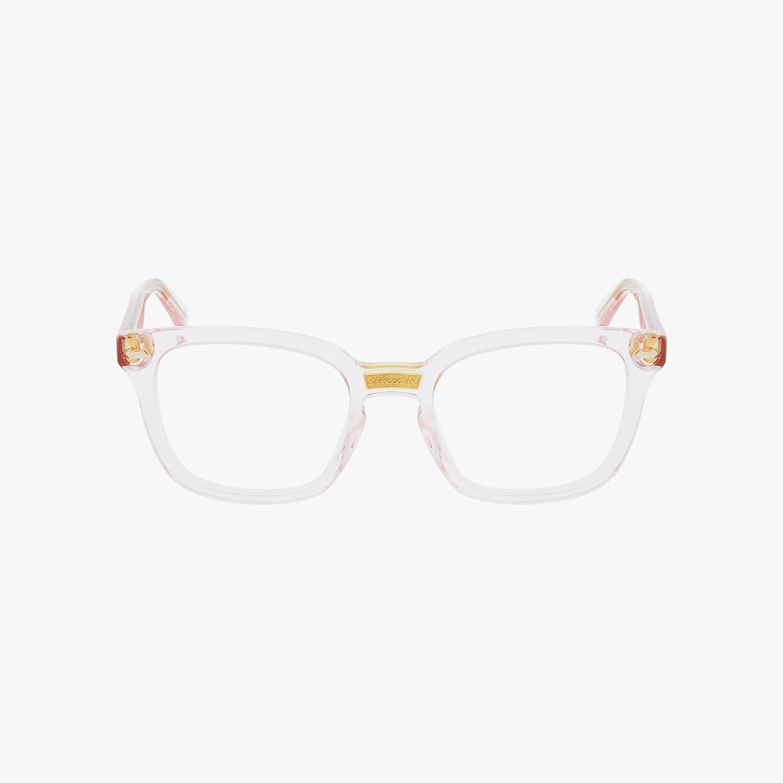 The GG0184O by Gucci features clear rectangular frames with lightweight construction, subtle pink-tinted accents, and gold detailing on the upper corners for a modern, chic style inspired by iconic Gucci eyewear.