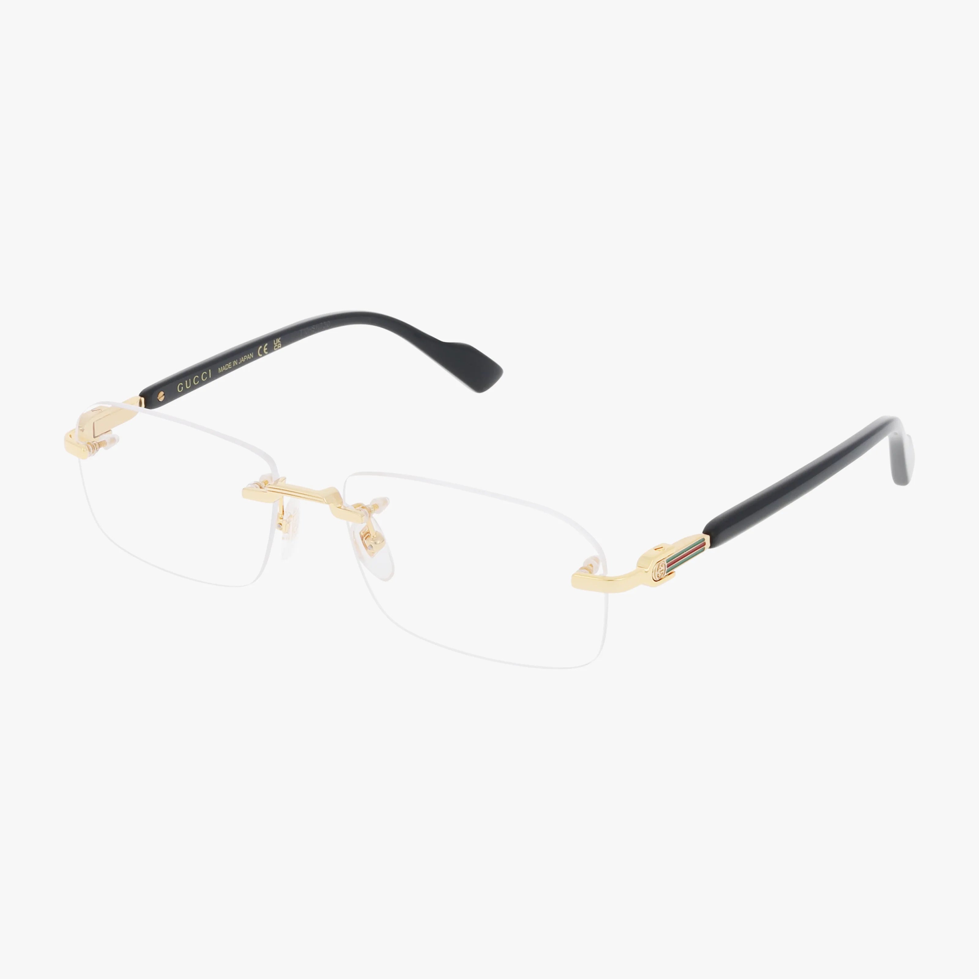 The Gucci GG1221O features rimless eyeglasses with a gold metal bridge and hinges, black temples, and curved earpieces—ideal for those wanting modern, tailored eyewear.