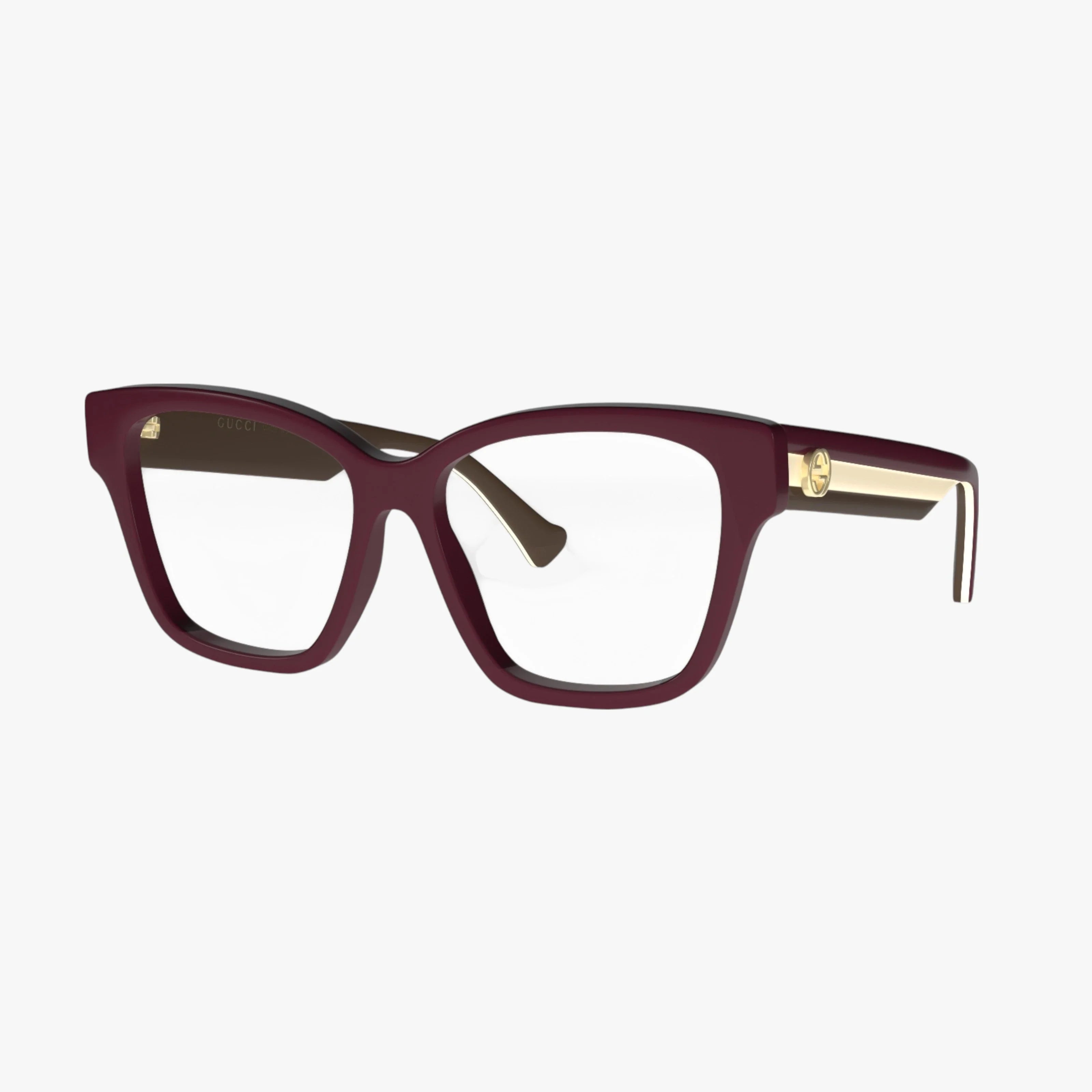 Gucci GG1302O rectangular eyeglasses feature thick burgundy recycled acetate frames, gold hinge accents, and clear lenses, shown on a plain white background.